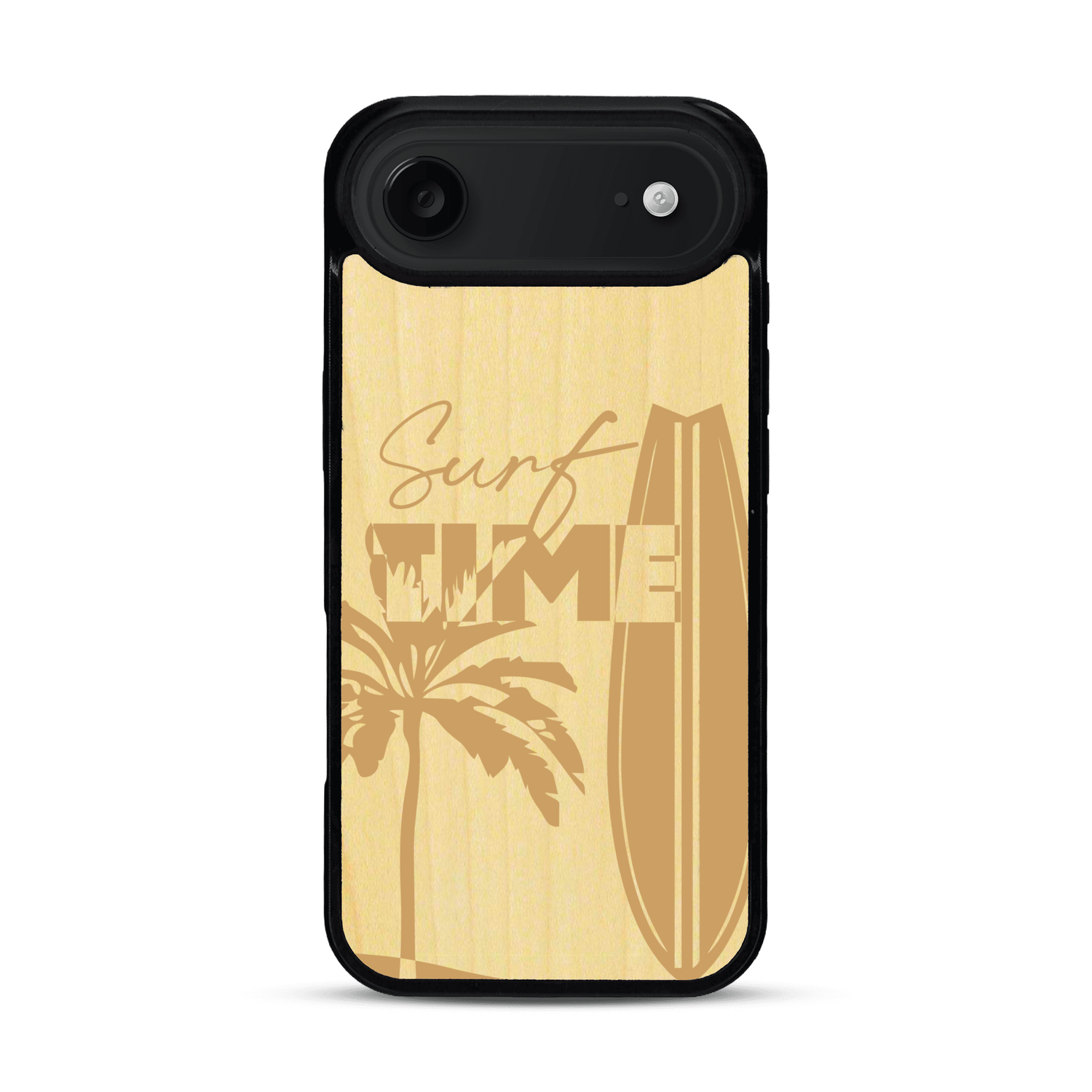 Coque de protection en bois véritable fabriquée en France pour  sur le thème chill avec un motif représentant une silouhette tenant une planche de surf sur une plage entouré de palmiers et les mots "Surf Time Long Beach Miami"