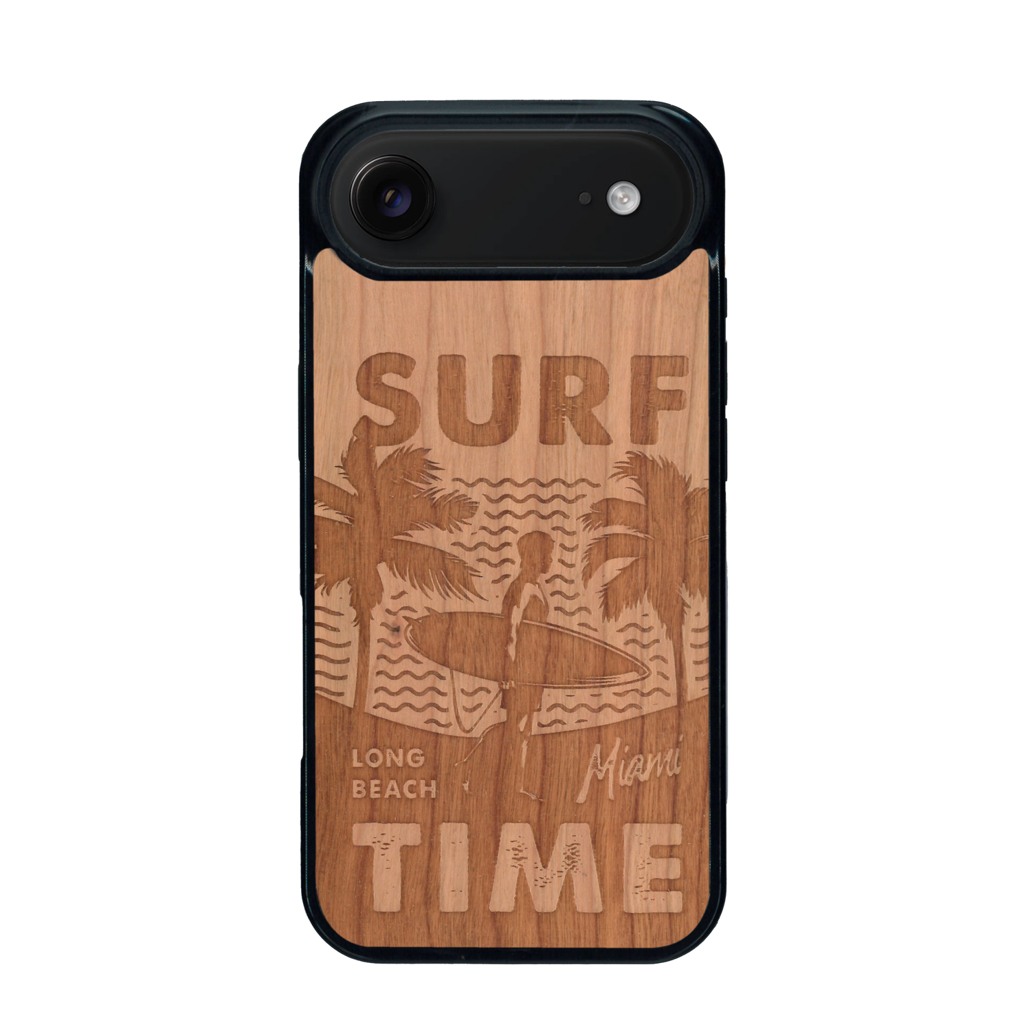 Coque de protection en bois véritable fabriquée en France pour iPhone 17 Air sur le thème chill avec un motif représentant une silouhette tenant une planche de surf sur une plage entouré de palmiers et les mots "Surf Time Long Beach Miami"