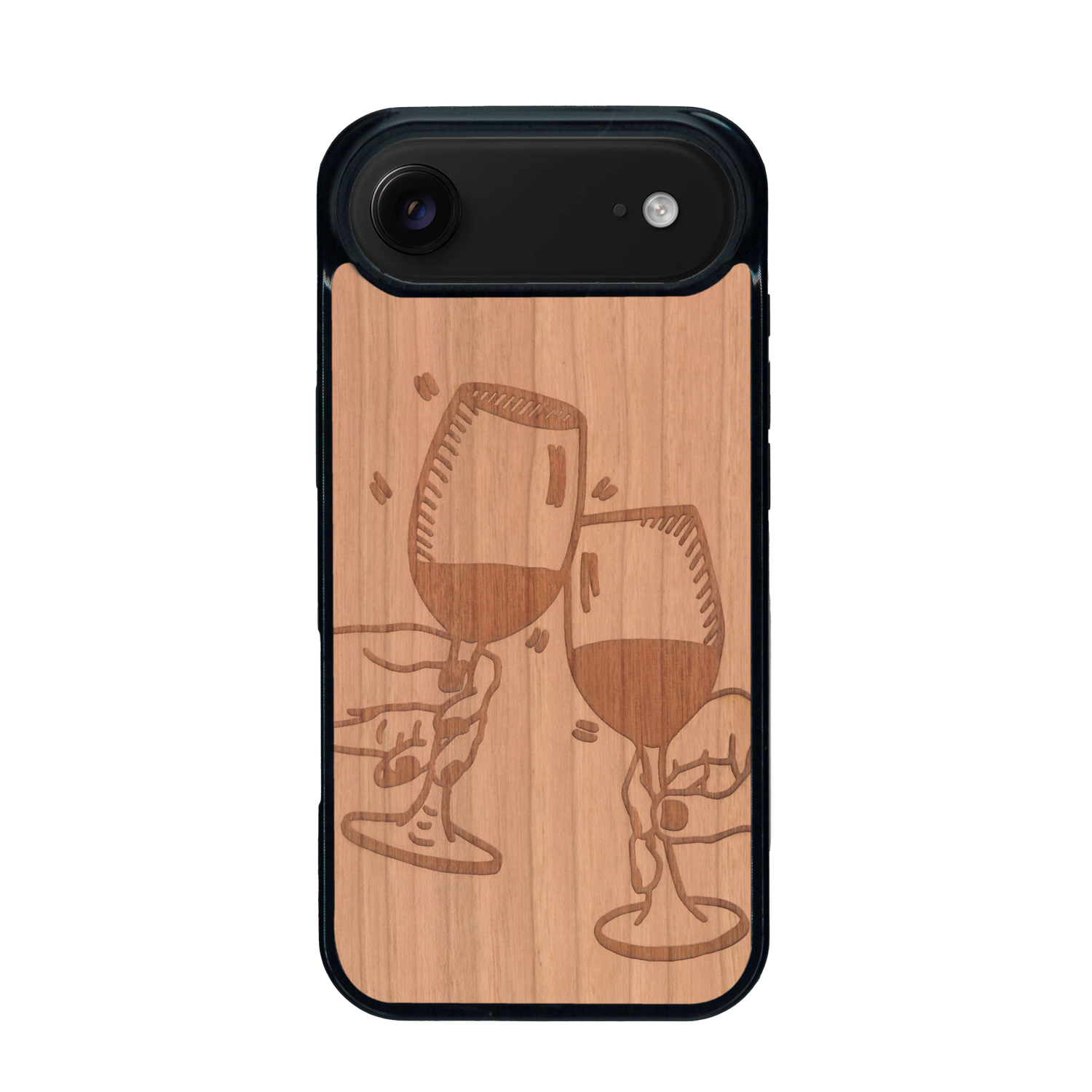 Coque de protection en bois véritable fabriquée en France pour iPhone 17 Air représentant une vue de face d'une flute de champagne dessinée à la main par l'artiste Maud Dabs