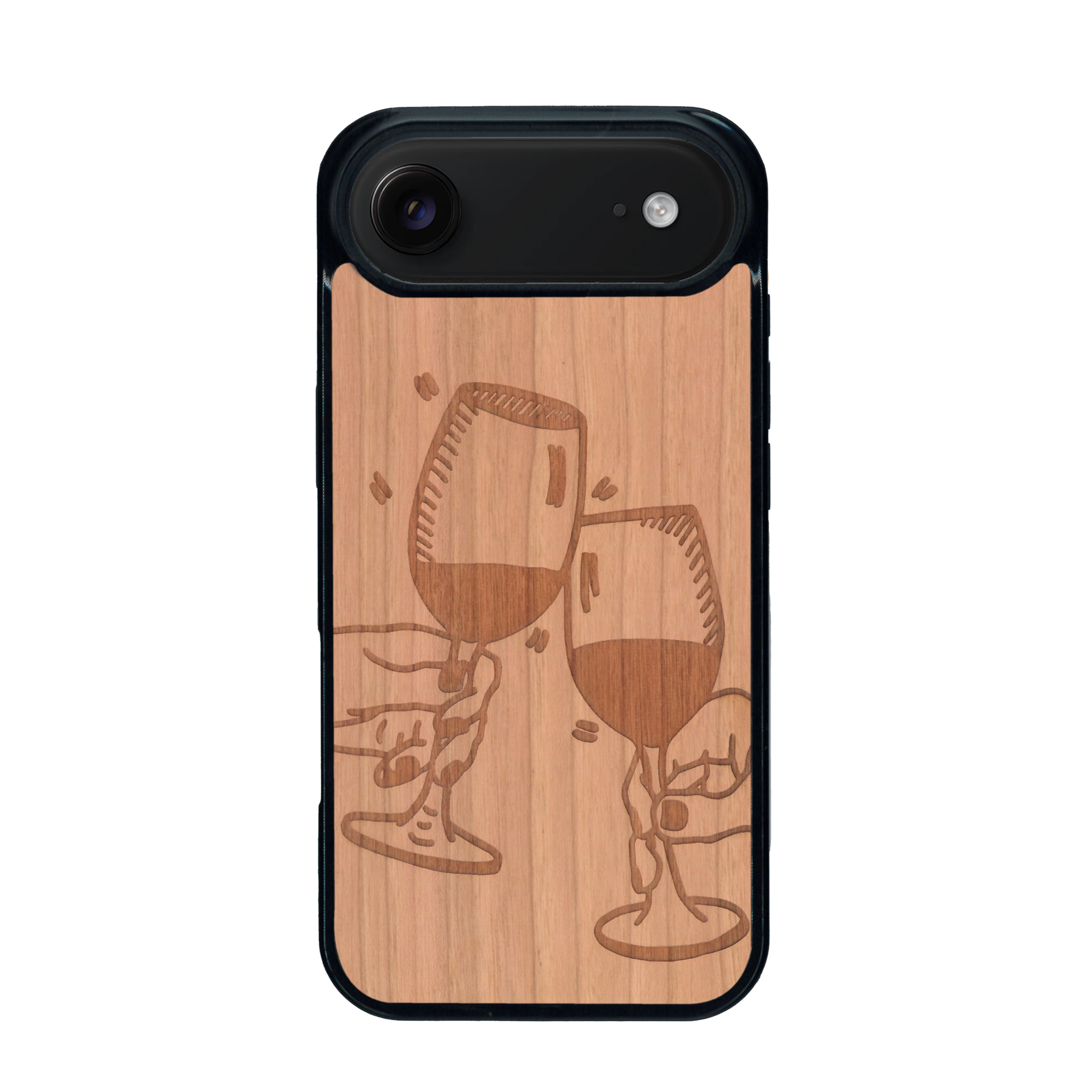 Coque de protection en bois véritable fabriquée en France pour iPhone 17 Air représentant une vue de face d'une flute de champagne dessinée à la main par l'artiste Maud Dabs