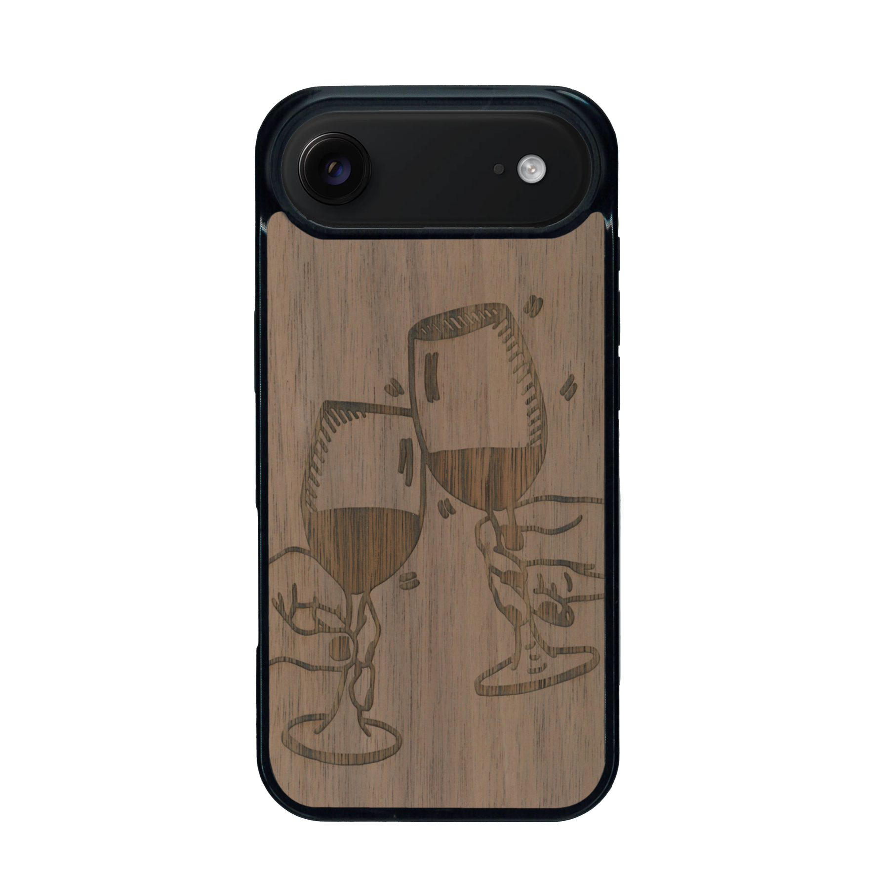Coque de protection en bois véritable fabriquée en France pour iPhone 17 Air représentant une vue de face d'une flute de champagne dessinée à la main par l'artiste Maud Dabs