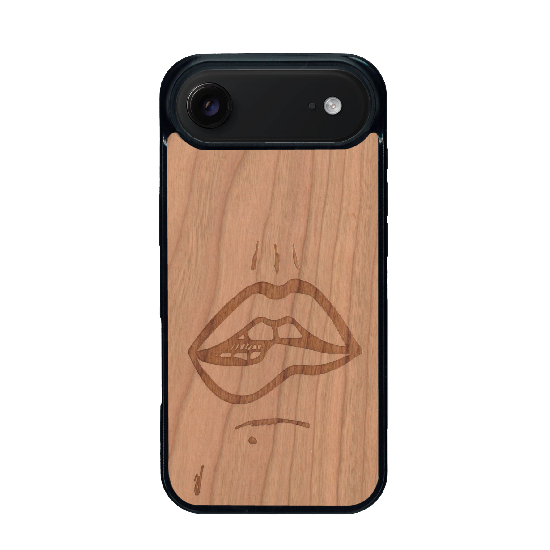 Coque de protection en bois véritable fabriquée en France pour iPhone 17 Air représentant de manière minimaliste une bouche de féminine se mordant le coin de la lèvre de manière sensuelle dessinée à la main par l'artiste Maud Dabs