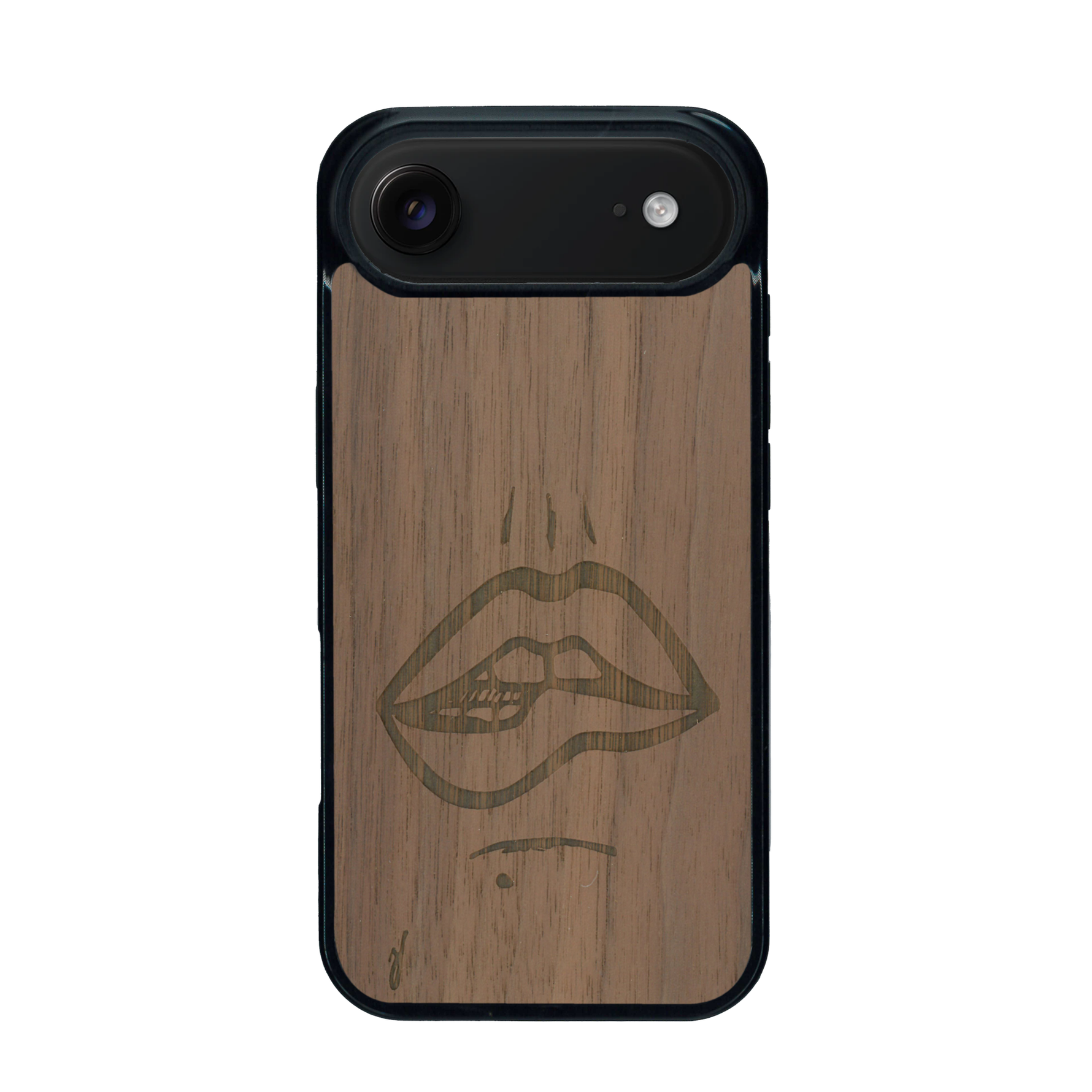 Coque de protection en bois véritable fabriquée en France pour iPhone 17 Air représentant de manière minimaliste une bouche de féminine se mordant le coin de la lèvre de manière sensuelle dessinée à la main par l'artiste Maud Dabs