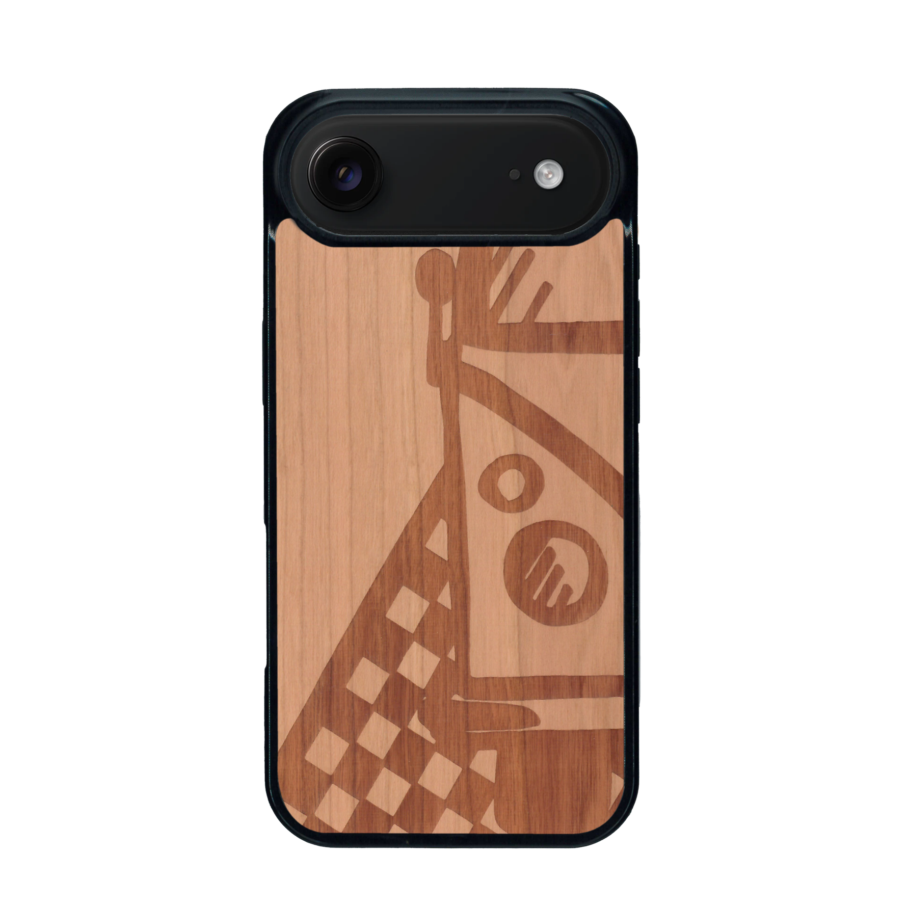 Coque de protection en bois véritable fabriquée en France pour iPhone 17 Air sur le thème du voyage avec un van combi