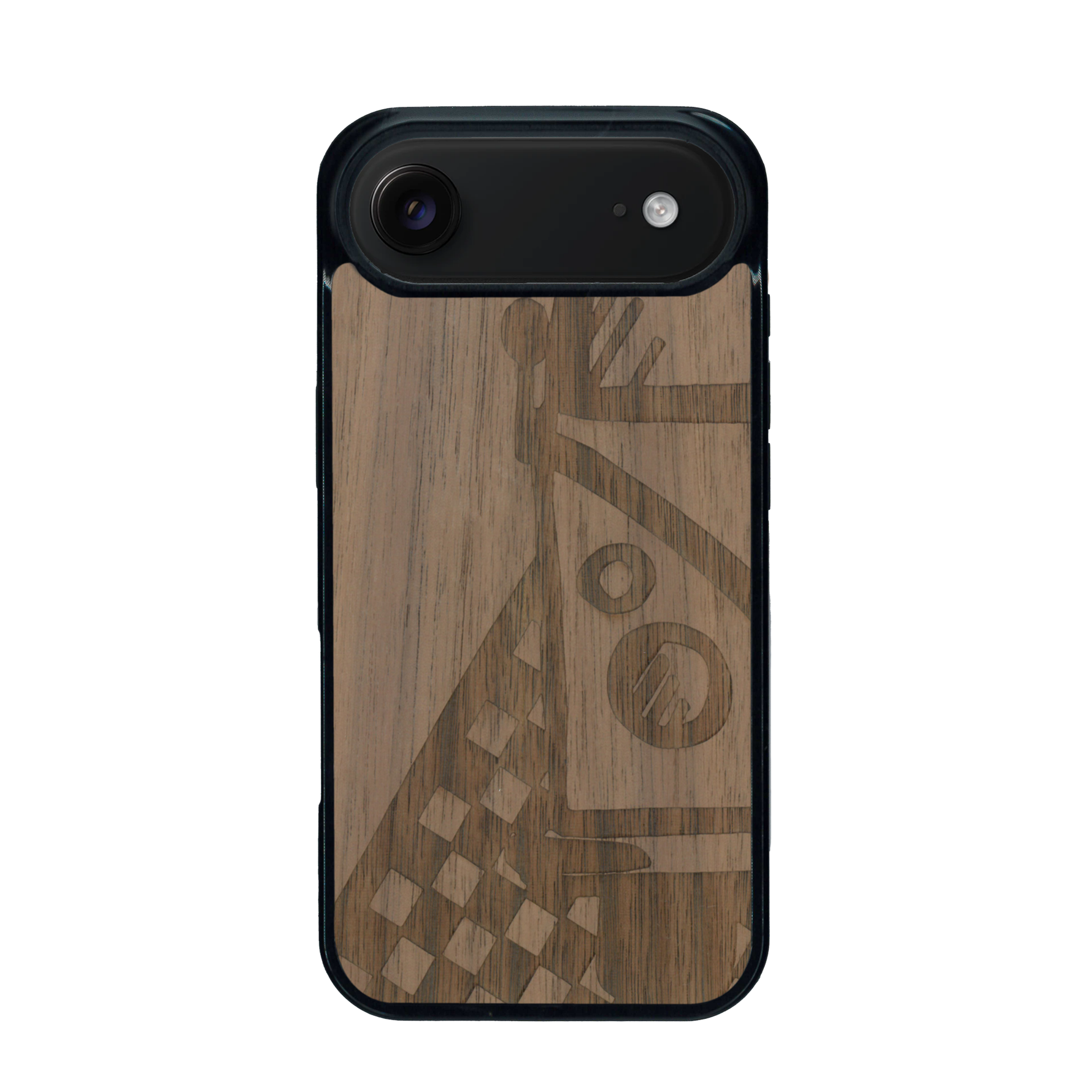Coque de protection en bois véritable fabriquée en France pour iPhone 17 Air sur le thème du voyage avec un van combi