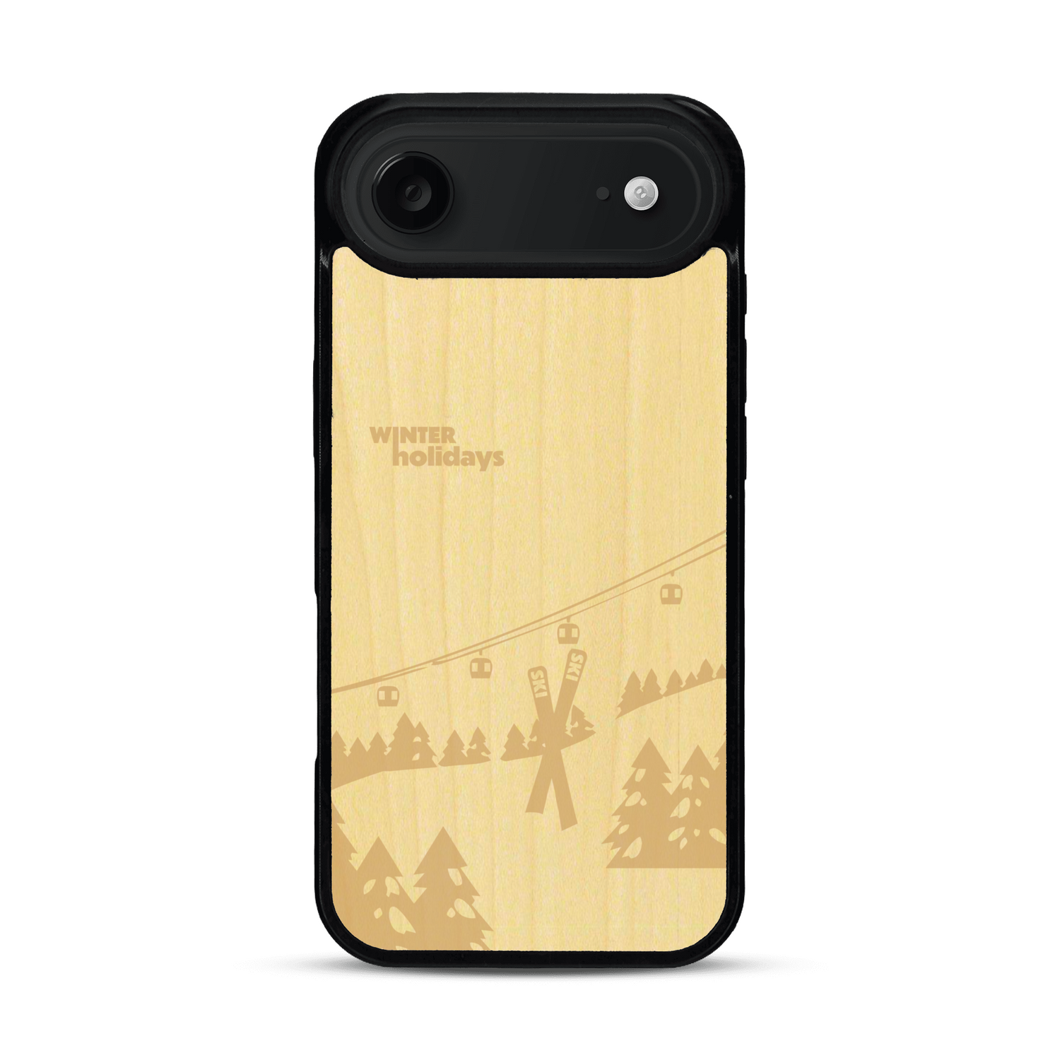 Coque de protection en bois véritable fabriquée en France pour  sur le thème de la montagne, du ski et de la neige avec un motif représentant une paire de ski plantée dans la neige avec en fond des montagnes enneigées