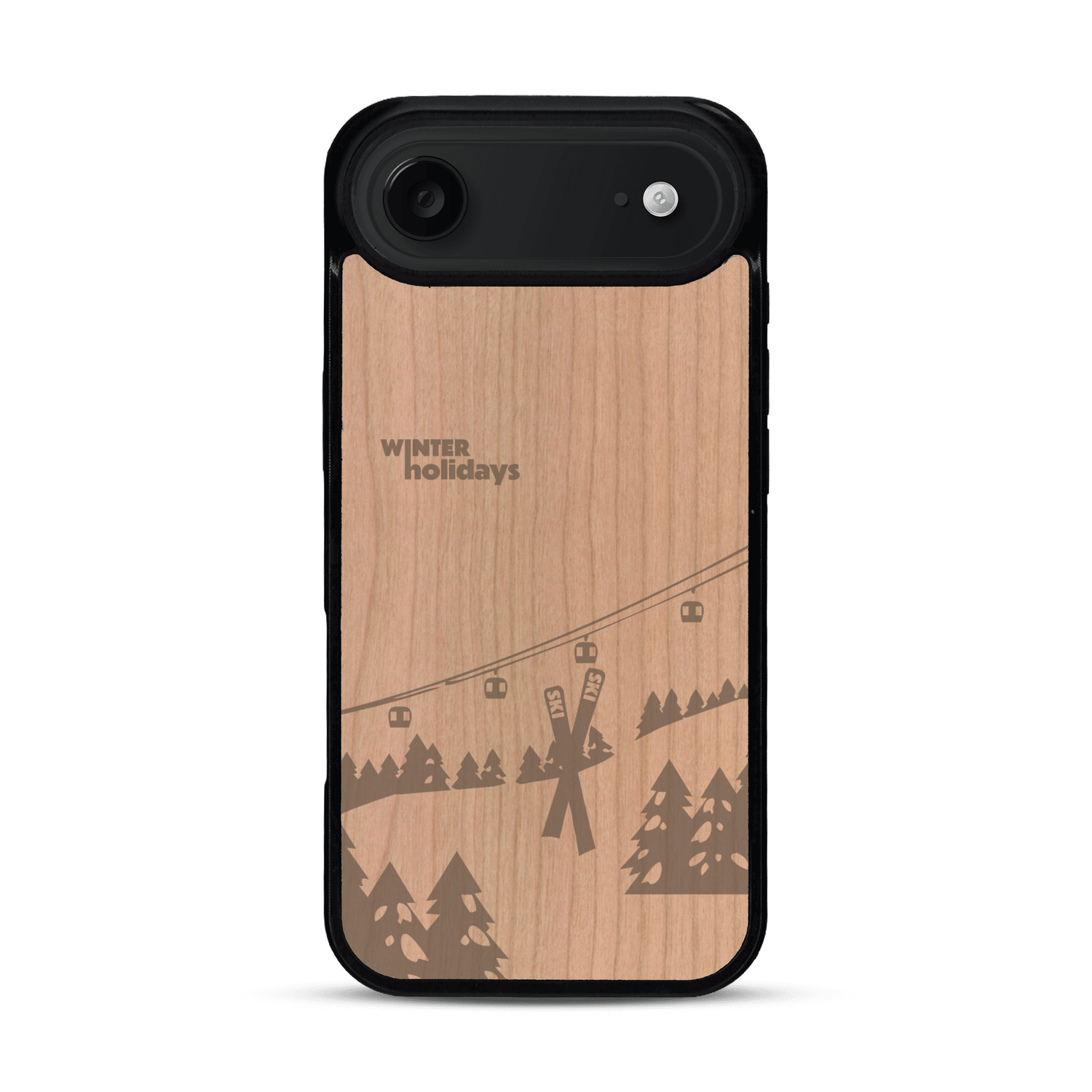 Coque de protection en bois véritable fabriquée en France pour  sur le thème de la montagne, du ski et de la neige avec un motif représentant une paire de ski plantée dans la neige avec en fond des montagnes enneigées