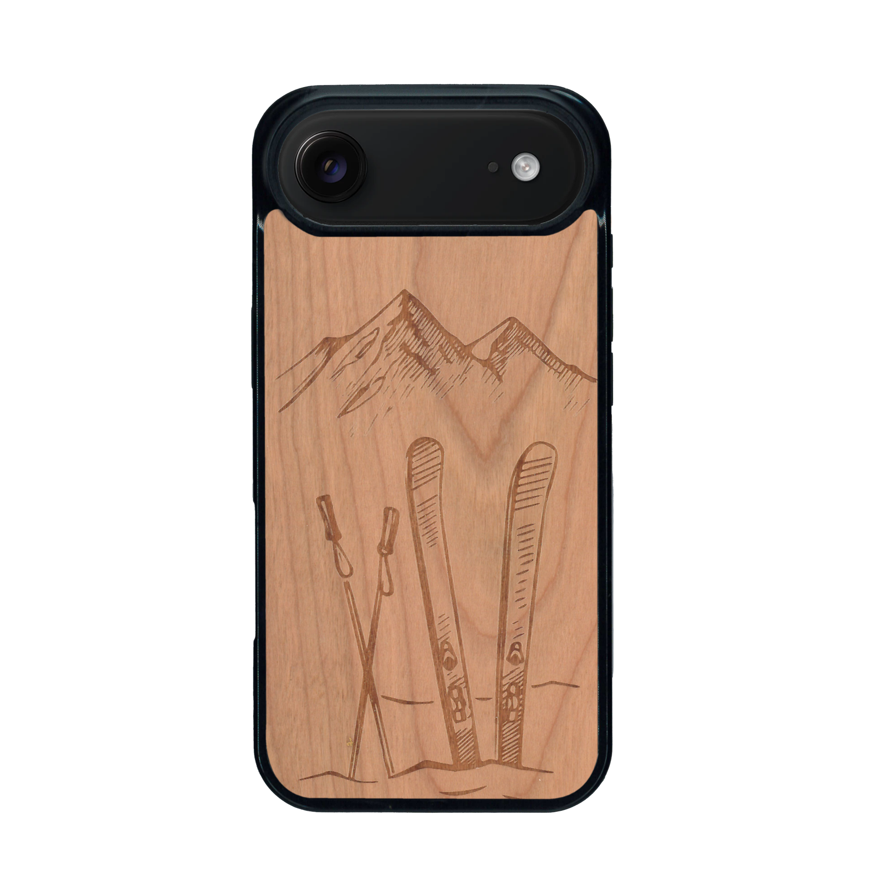 Coque de protection en bois véritable fabriquée en France pour iPhone 17 Air sur le thème de la montagne, du ski et de la neige avec un motif représentant une paire de ski plantée dans la neige avec en fond des montagnes enneigées