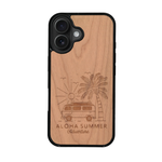 Coque de protection en bois véritable fabriquée en France pour iPhone 17 sur le thème de la plage, de l'été et vanlife.