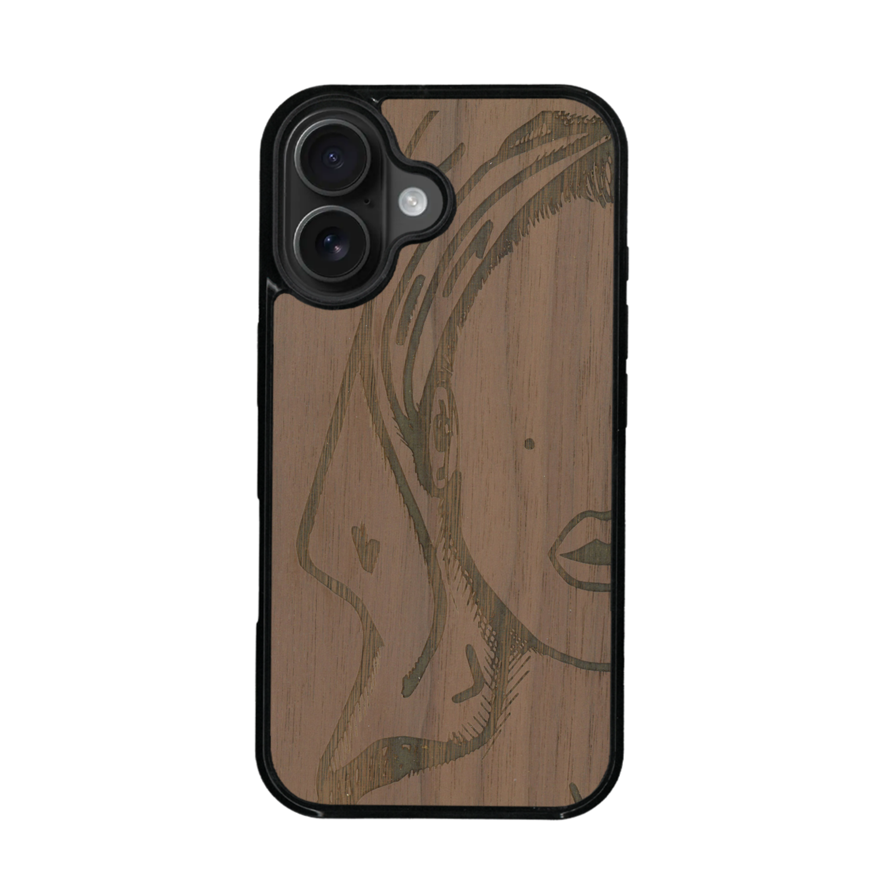 Coque de protection en bois véritable fabriquée en France pour iPhone 17 représentant une silhouette féminine épurée de type line art en collaboration avec l'artiste Maud Dabs