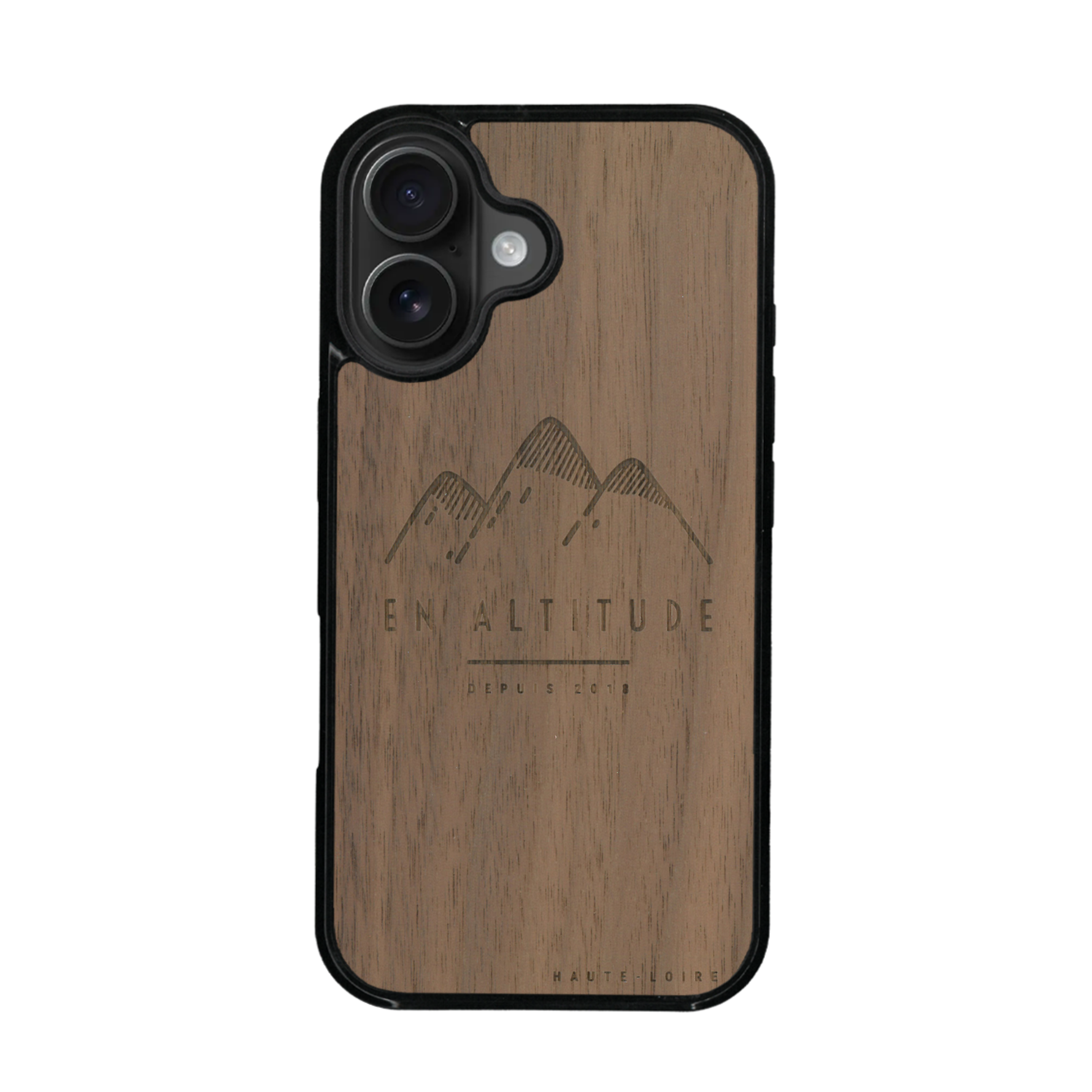 Coque de protection en bois véritable fabriquée en France pour iPhone 17 représentant des montagnes, sur le thème de la randonnée en pleine nature et du trail