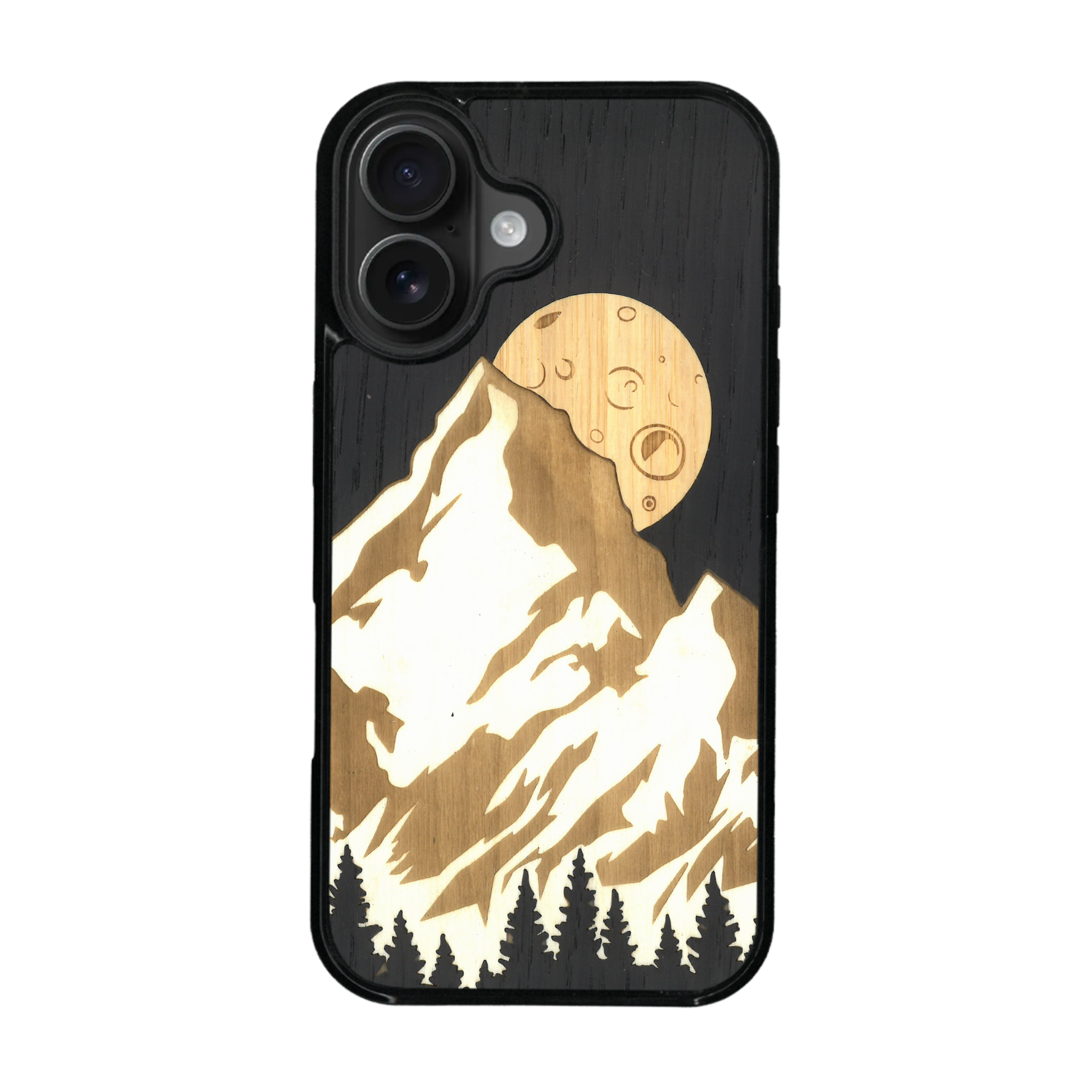 Coque de protection en bois véritable fabriquée en France pour iPhone 17 alliant plusieurs essences de bois pour représenter le mont Everest