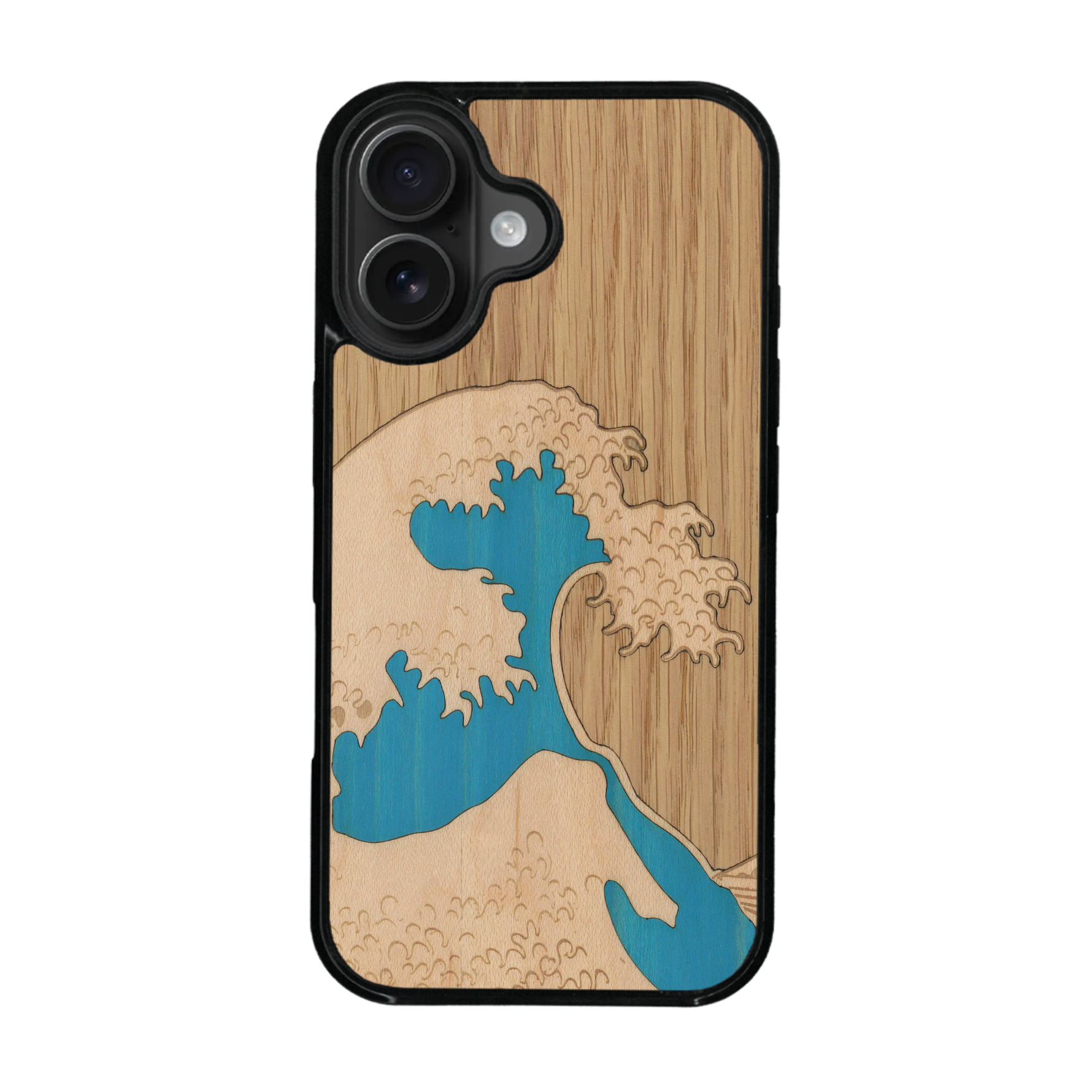 Coque de protection en bois véritable fabriquée en France pour iPhone 17 alliant plusieurs essences de bois pour représenter la célèbre grande vague de Kanagawa