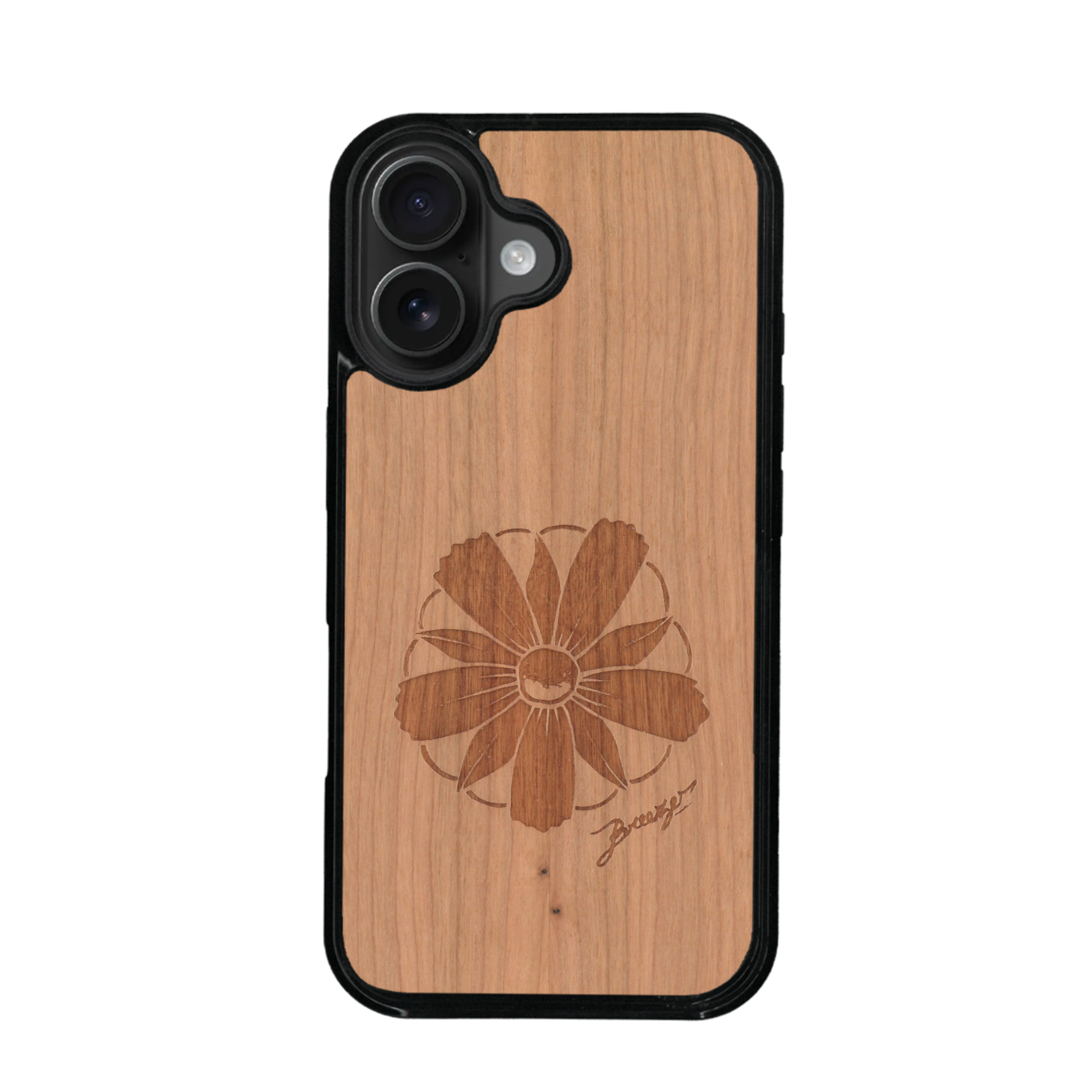 Coque de protection en bois véritable fabriquée en France pour iPhone 17 sur le thème des fleurs et de la montagne avec un motif de gravure représentant les pétales d'une fleur des montagnes