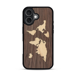Coque de protection en bois véritable fabriquée en France pour  alliant du bambou et du noyer sur le thème du voyage et de l'aventure représentant une mappemonde