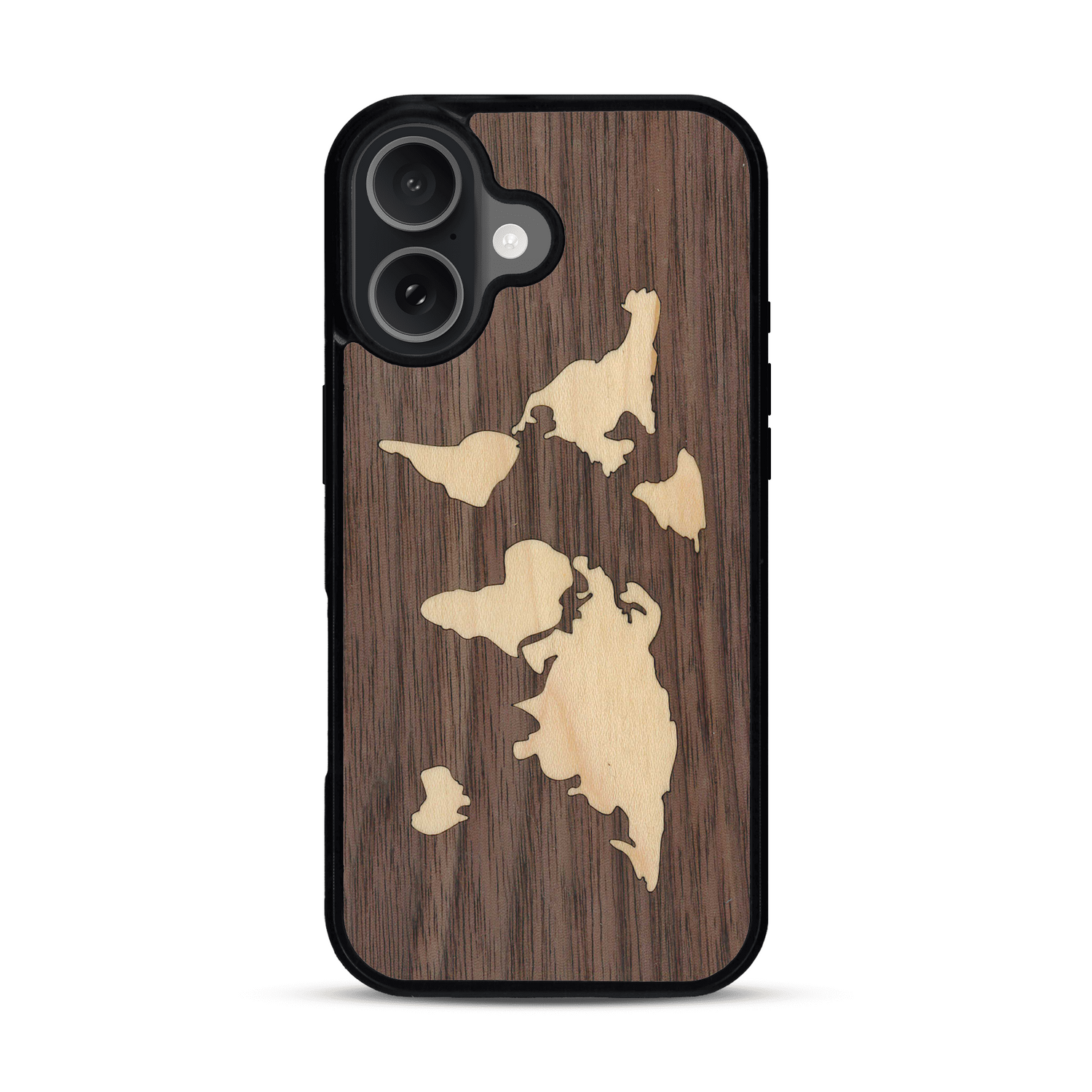 Coque de protection en bois véritable fabriquée en France pour  alliant du bambou et du noyer sur le thème du voyage et de l'aventure représentant une mappemonde