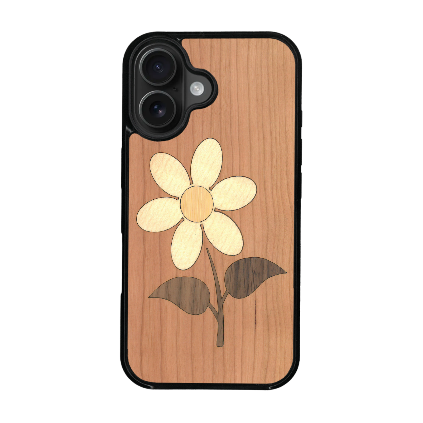 Coque de protection en bois véritable fabriquée en France pour iPhone 17 alliant plusieurs essences de bois pour représenter une marguerite