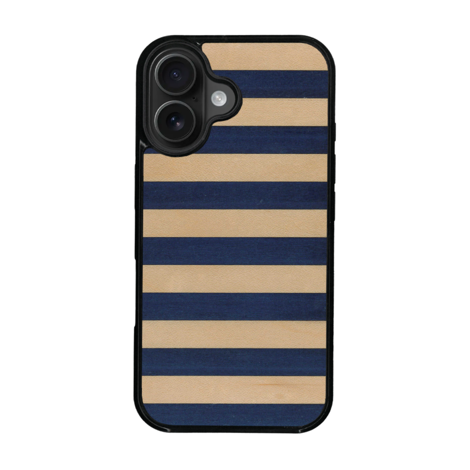 Coque de protection en bois véritable fabriquée en France pour iPhone 17 alliant plusieurs essences de bois pour représenter une marinière