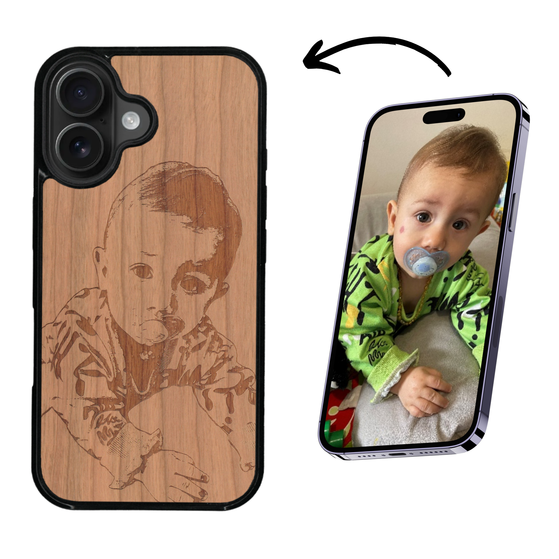 Coque de protection en bois véritable fabriquée en France pour iPhone 17 avec gravure personnalisée à partir d'une photo, d'une image, d'un logo, des initials ou d'une phrase