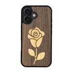 Coque de protection en bois véritable fabriquée en France pour iPhone 17 alliant plusieurs essences de bois pour représenter une rose