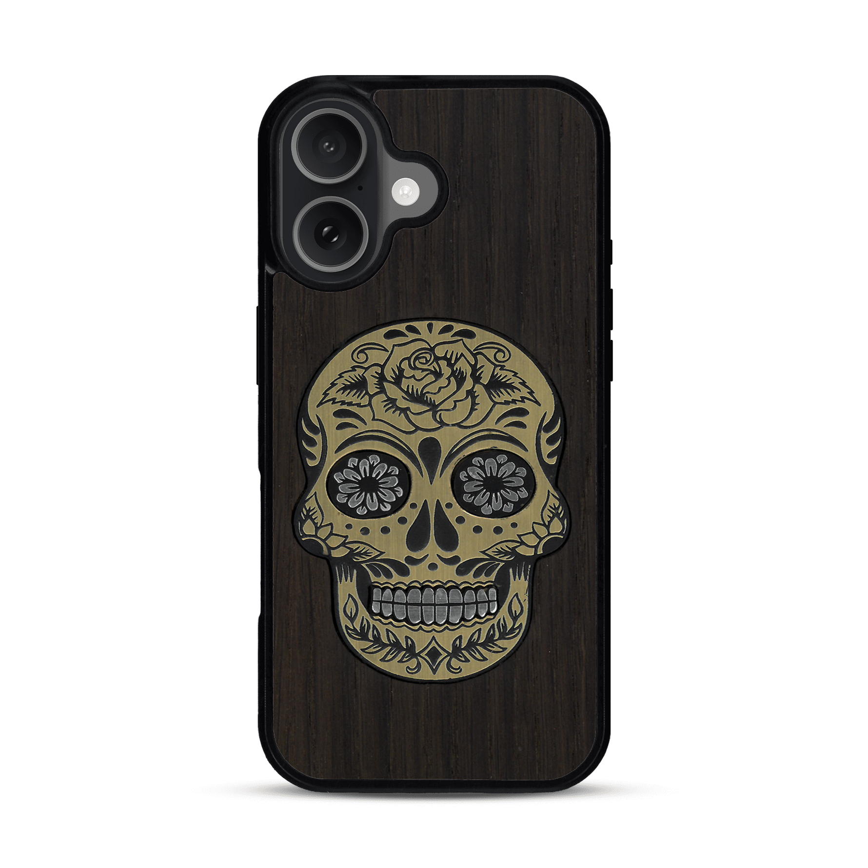 Coque de protection en bois véritable fabriquée en France pour  alliant du chêne fumé avec du métal argenté et doré représentant une tête de mort mexicaine sur le thème Dia de los Muertos