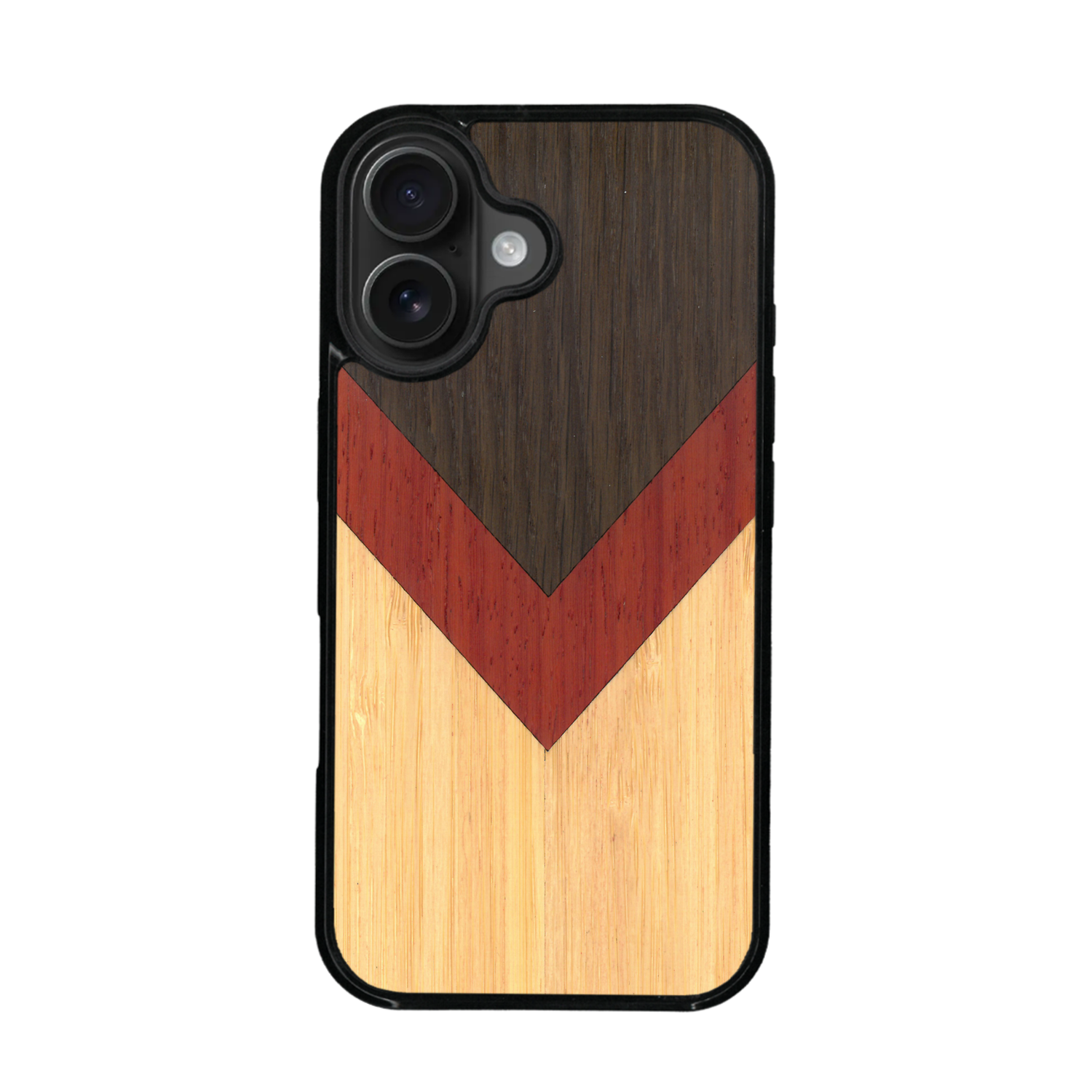 Coque de protection en bois véritable fabriquée en France pour iPhone 17 alliant du chêne fumé, du padouk et du bambou en forme de chevron sur le thème de l'art abstrait