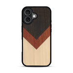 Coque de protection en bois véritable fabriquée en France pour  alliant du chêne fumé, du padouk et du bambou en forme de chevron sur le thème de l'art abstrait