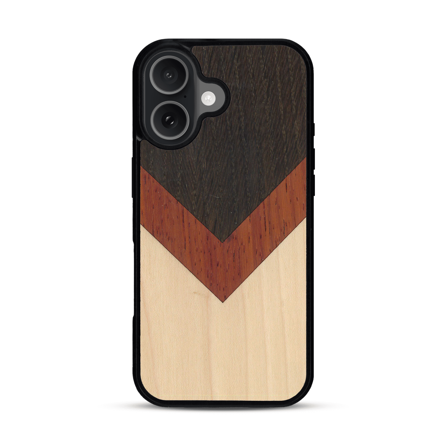 Coque de protection en bois véritable fabriquée en France pour  alliant du chêne fumé, du padouk et du bambou en forme de chevron sur le thème de l'art abstrait