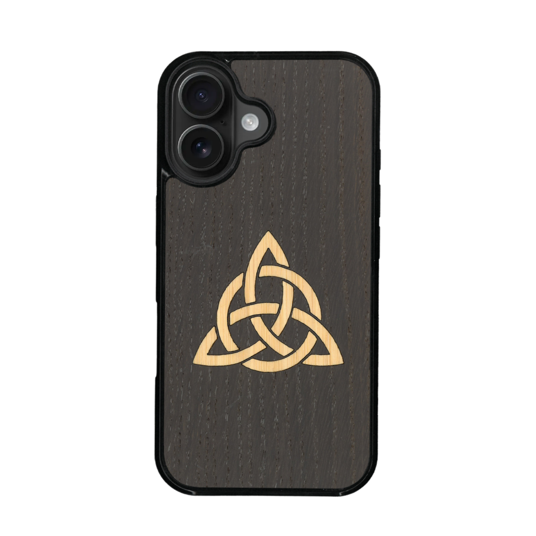 Coque de protection en bois véritable fabriquée en France pour iPhone 17 alliant du chêne fumé et du bambou représentant une triquetra