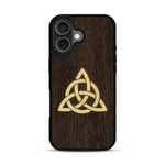 Coque de protection en bois véritable fabriquée en France pour  alliant du chêne fumé et du bambou représentant une triquetra