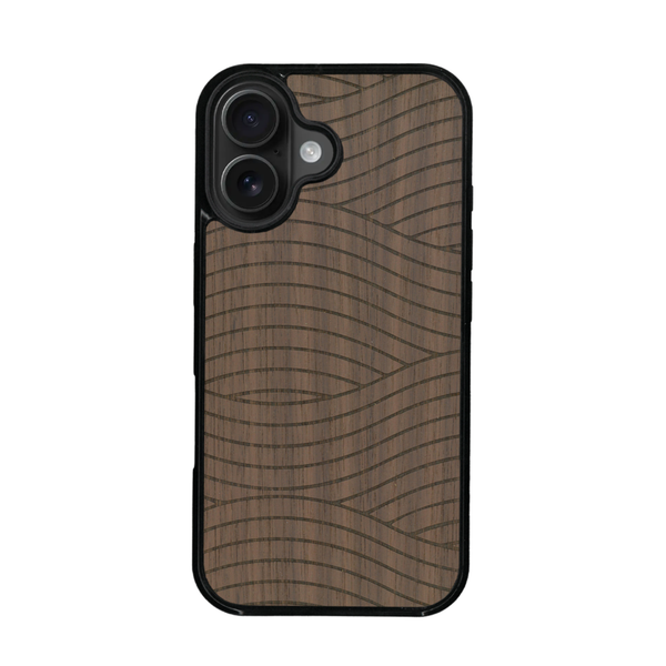 Coque de protection en bois véritable fabriquée en France pour iPhone 17 avec un motif moderne et minimaliste sur le thème waves et wavy représentant les vagues de l'océan
