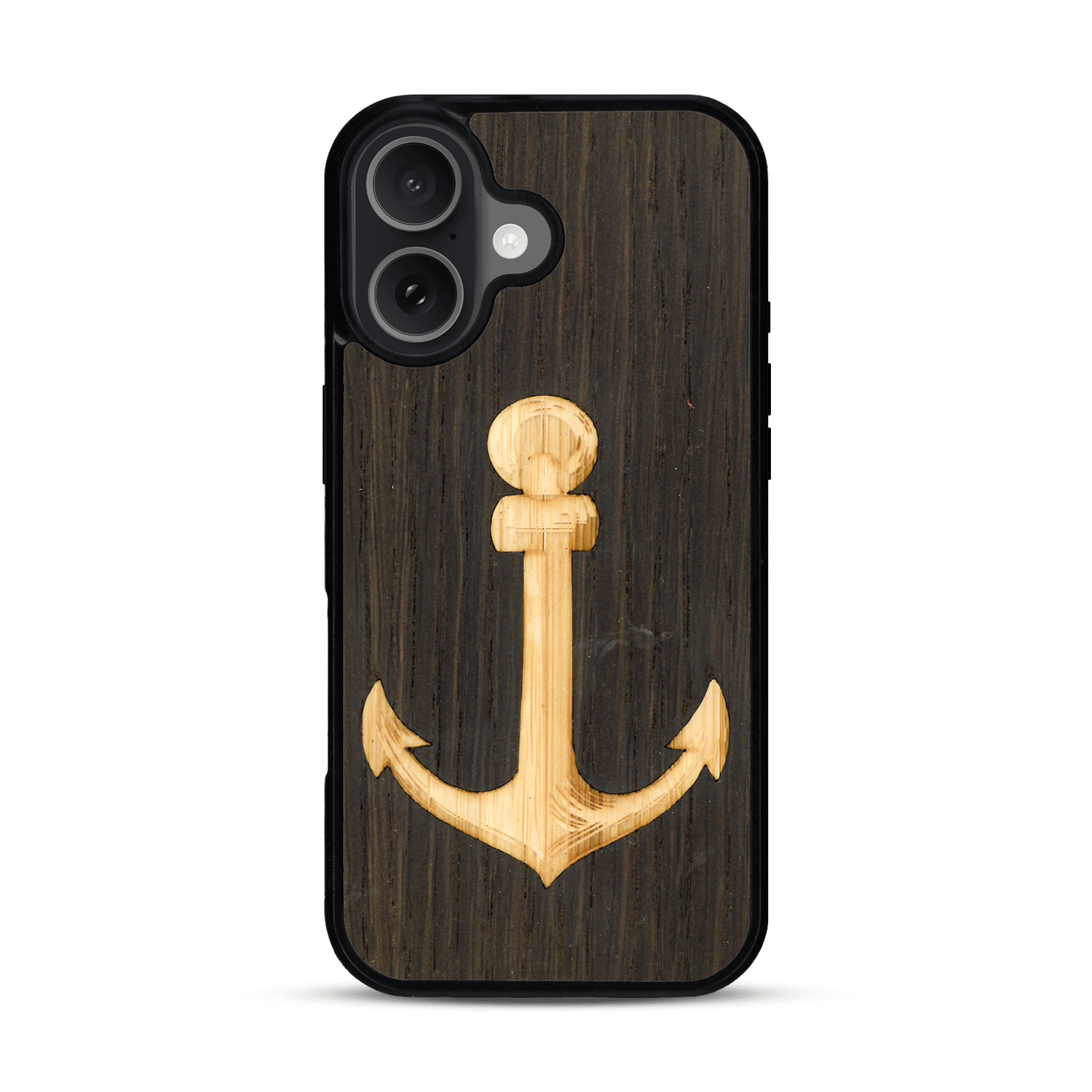 Coque de protection en bois véritable fabriquée en France pour  sur le thème nautique avec un bois clair et un bois foncé représentant une ancre de bateau