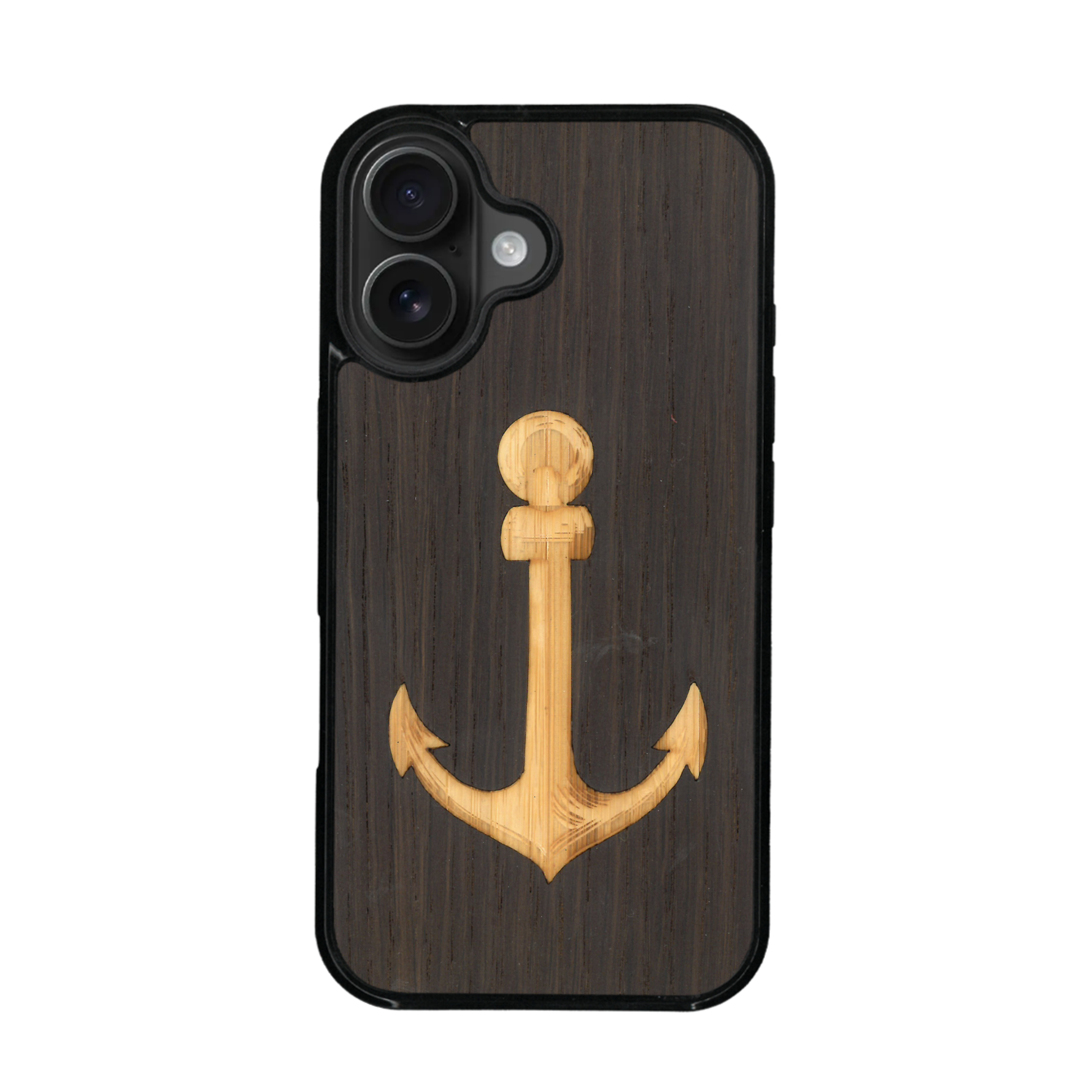 Coque de protection en bois véritable fabriquée en France pour iPhone 17 sur le thème nautique avec un bois clair et un bois foncé représentant une ancre de bateau
