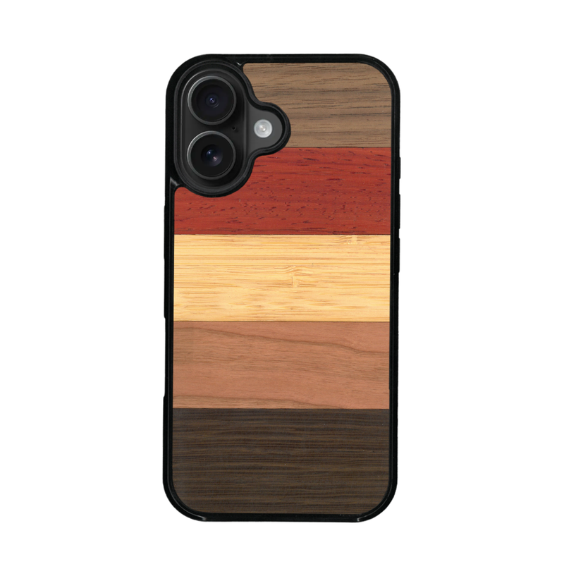 Coque de protection en bois véritable fabriquée en France pour iPhone 17 alliant des bandes horizontales de bambou, merisier, padouk, noyer et chêne fumé