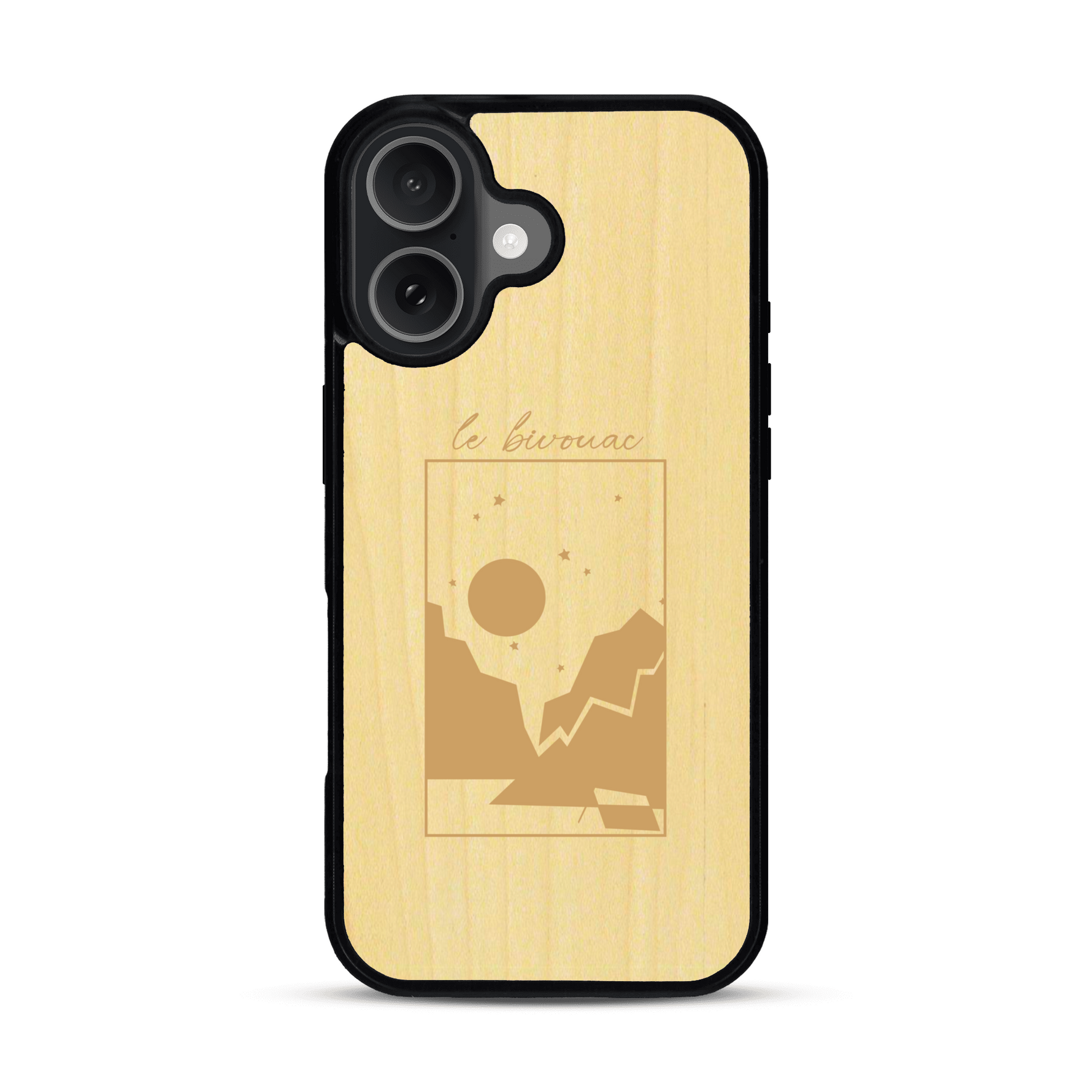 Coque de protection en bois véritable fabriquée en France pour  sur le thème du camping en pleine nature et du bivouac avec la phrase "Aventure is out there"