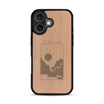 Coque de protection en bois véritable fabriquée en France pour  sur le thème du camping en pleine nature et du bivouac avec la phrase "Aventure is out there"
