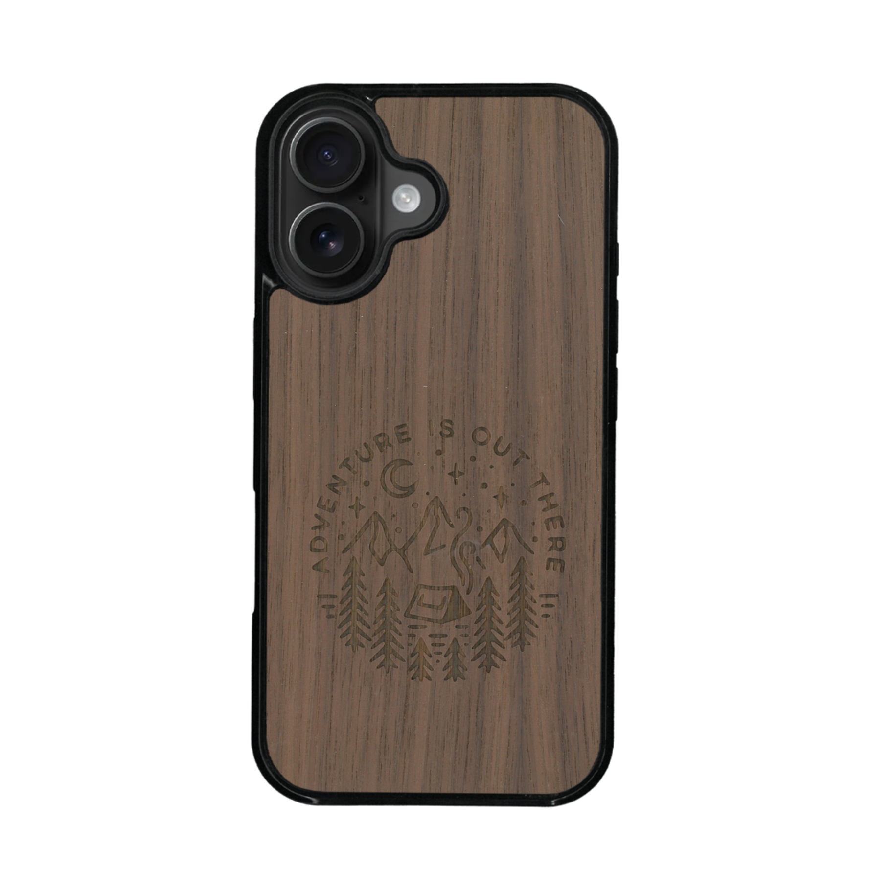 Coque de protection en bois véritable fabriquée en France pour iPhone 17 sur le thème du camping en pleine nature et du bivouac avec la phrase "Aventure is out there"