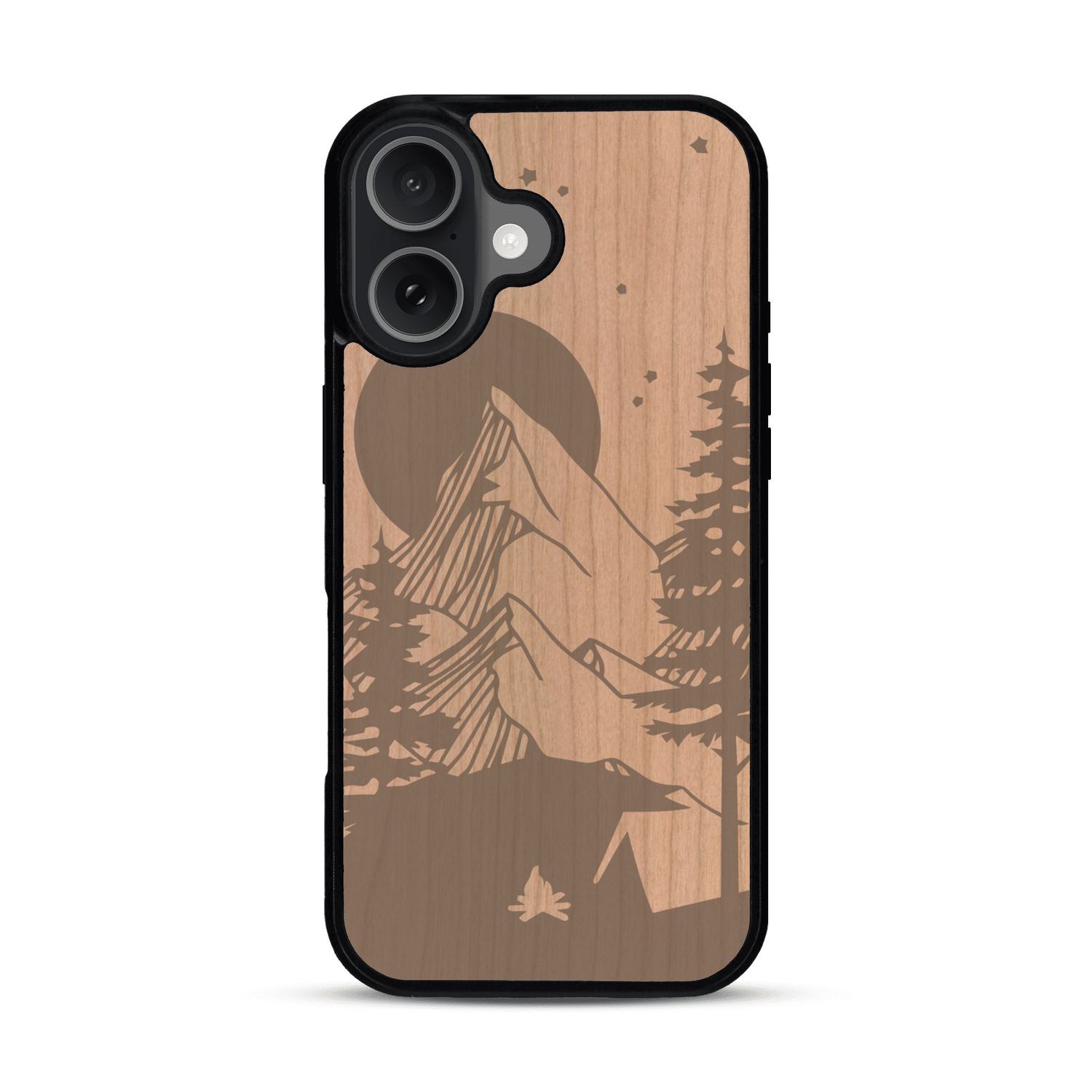 Coque de protection en bois véritable fabriquée en France pour  sur le thème du camping en pleine nature représentant une tente avec un feu de camp entouré de montagnes
