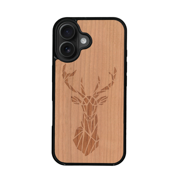 Coque de protection en bois véritable fabriquée en France pour iPhone 17 sur le thème de la nature et des animaux représentant une tête de cerf gométrique avec un design moderne et minimaliste