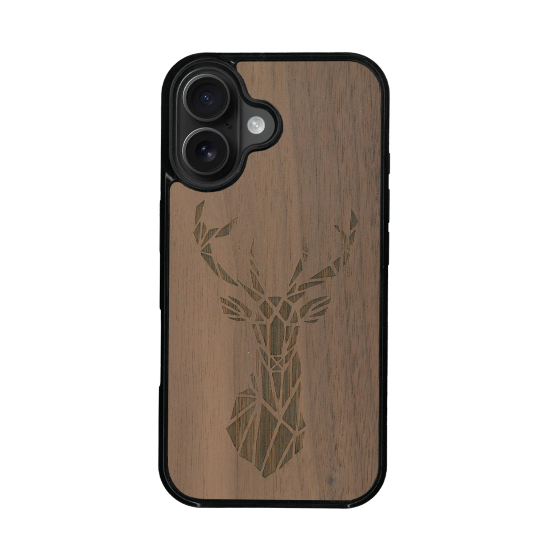 Coque de protection en bois véritable fabriquée en France pour iPhone 17 sur le thème de la nature et des animaux représentant une tête de cerf gométrique avec un design moderne et minimaliste