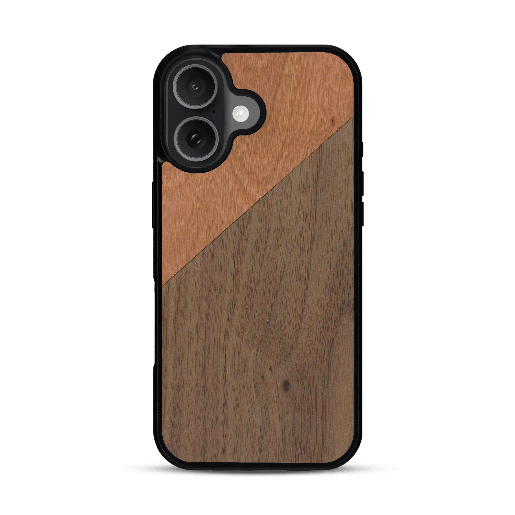 Coque de protection en bois véritable fabriquée en France pour  alliant du merisier et du noyer formant chacun un triangle avec une jointure en diagonale sur le thème de l'art abstrait