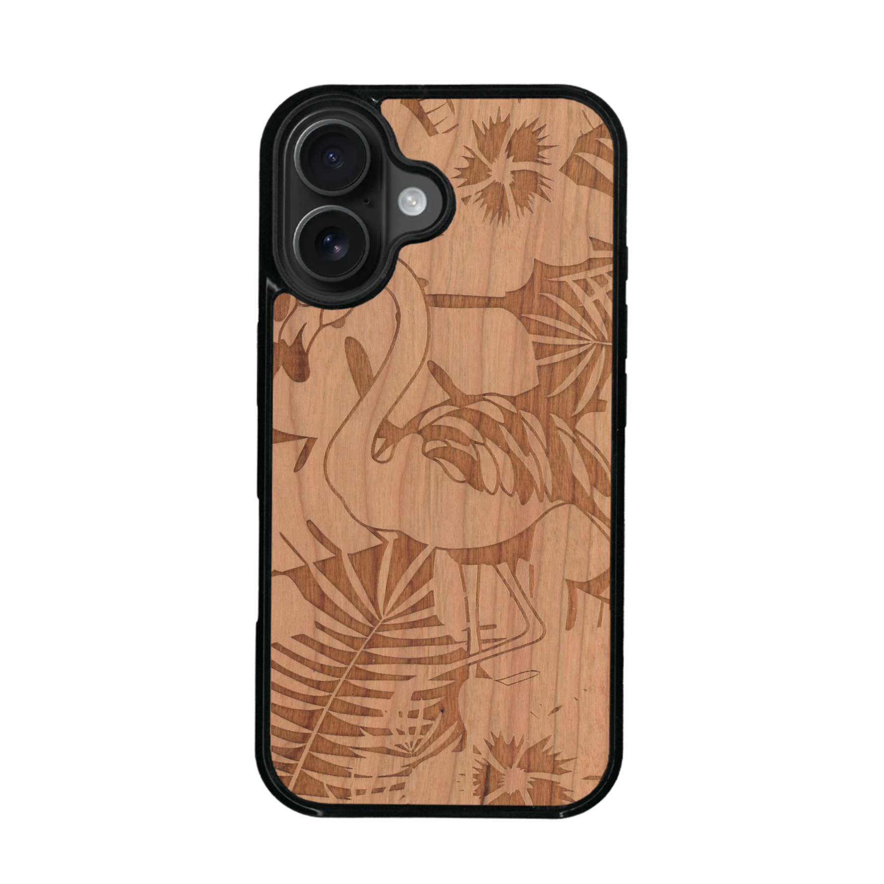 Coque de protection en bois véritable fabriquée en France pour iPhone 17 sur le thème de la nature et des animaux représentant un flamant rose entre des fougères