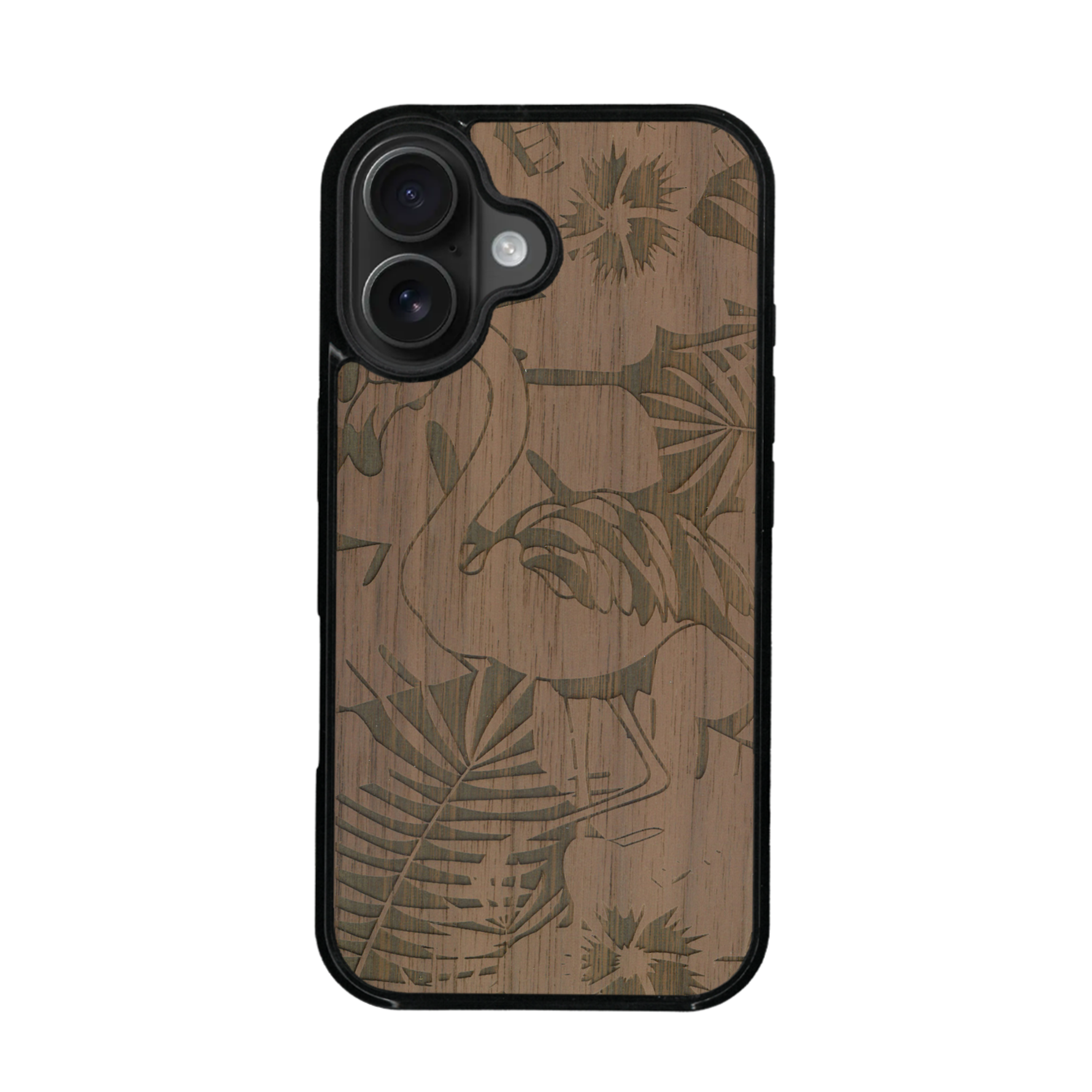 Coque de protection en bois véritable fabriquée en France pour iPhone 17 sur le thème de la nature et des animaux représentant un flamant rose entre des fougères