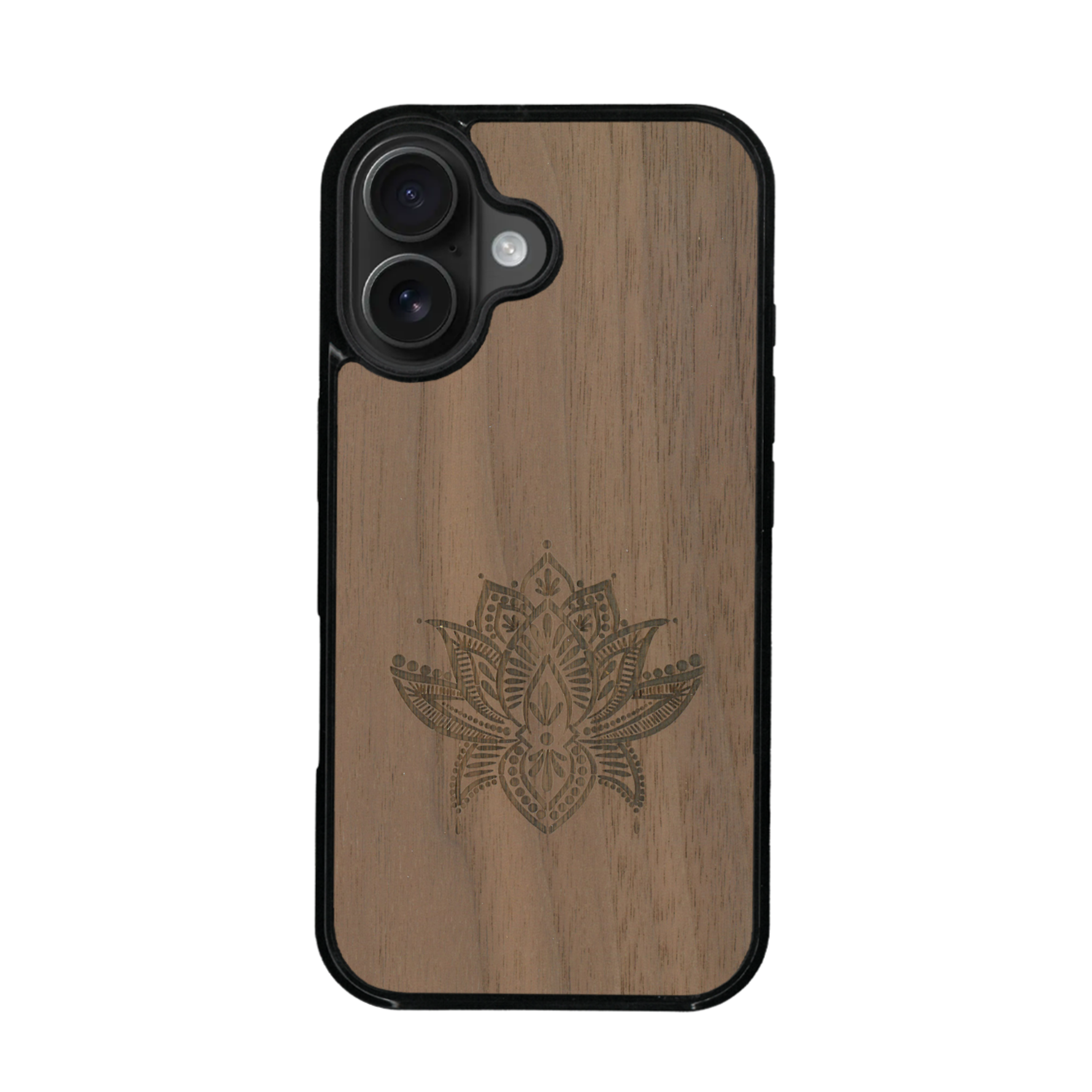 Coque de protection en bois véritable fabriquée en France pour iPhone 17 sur le thème de la nature et du yoga avec une gravure zen représentant une fleur de lotus