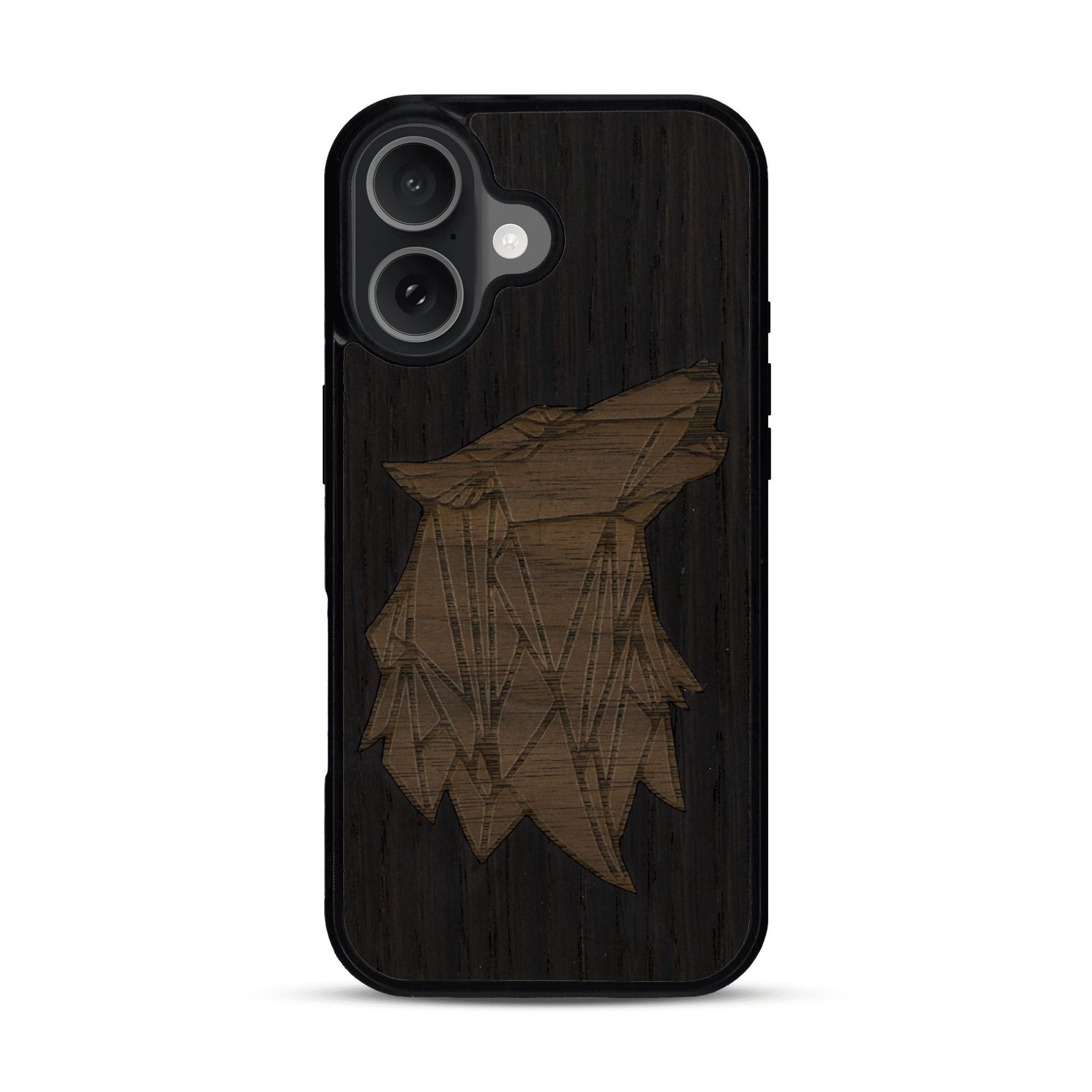 Coque de protection en bois véritable fabriquée en France pour  alliant du chêne fumé et du noyer représentant une tête de loup géométrique de profil sur le thème des animaux et de la nature