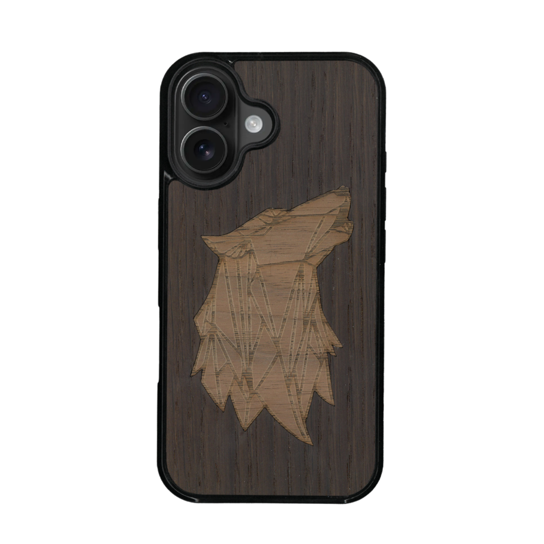 Coque de protection en bois véritable fabriquée en France pour iPhone 17 alliant du chêne fumé et du noyer représentant une tête de loup géométrique de profil sur le thème des animaux et de la nature