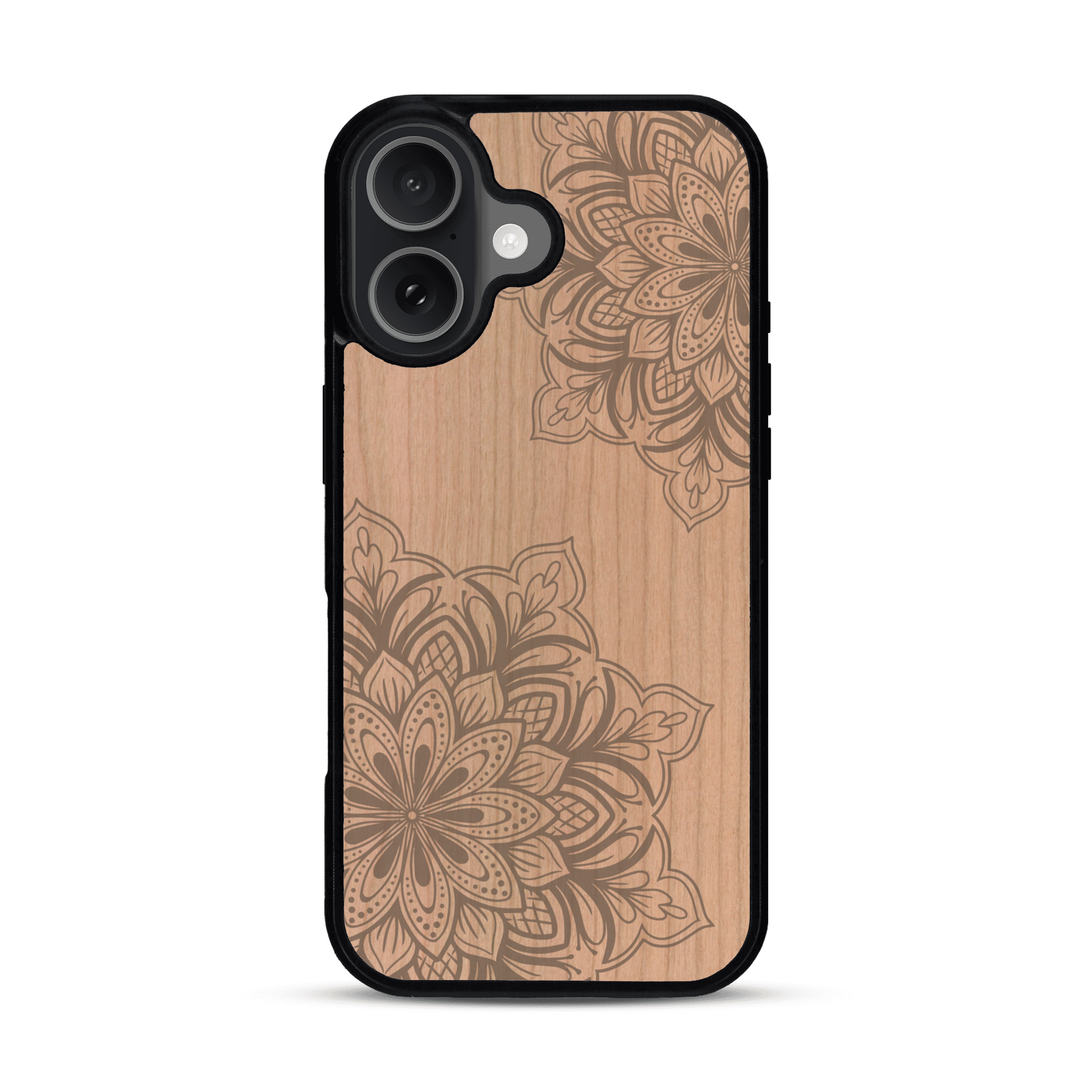 Coque de protection en bois véritable fabriquée en France pour  sur le thème de la bohème et du tatouage au henné avec une gravure représentant un mandala