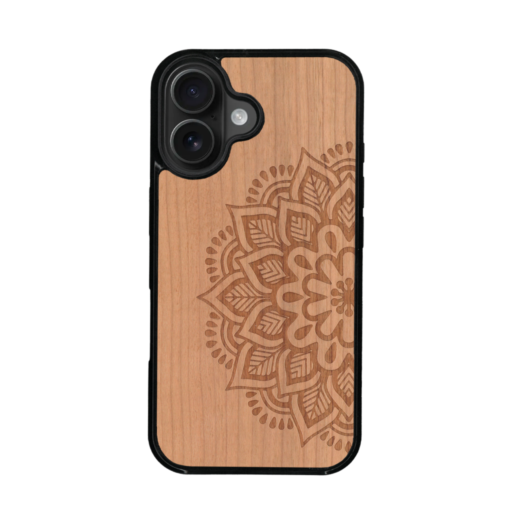 Coque de protection en bois véritable fabriquée en France pour iPhone 17 sur le thème de la bohème et du tatouage au henné avec une gravure représentant un mandala