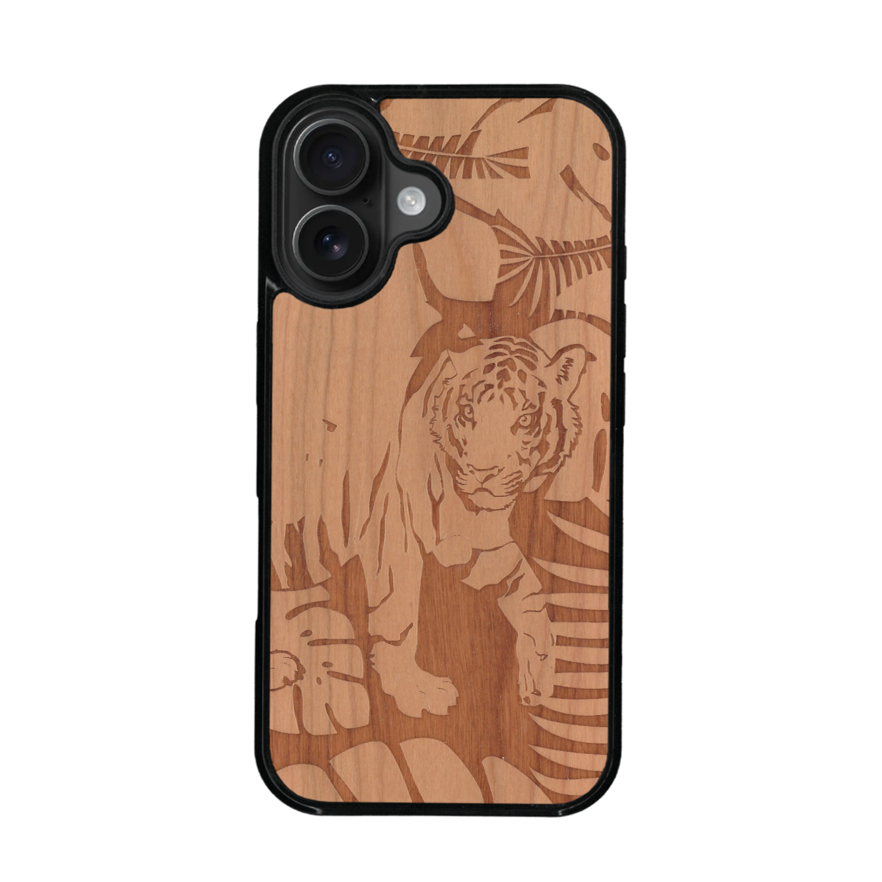 Coque de protection en bois véritable fabriquée en France pour iPhone 17 sur le thème de la nature et des animaux représentant un tigre dans la jungle entre des fougères
