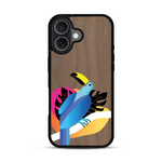 Coque de protection en bois véritable fabriquée en France pour iPhone 17 représentant un toucan coloré avec un design moderne et minimaliste sur le thème de la jungle et de la nature